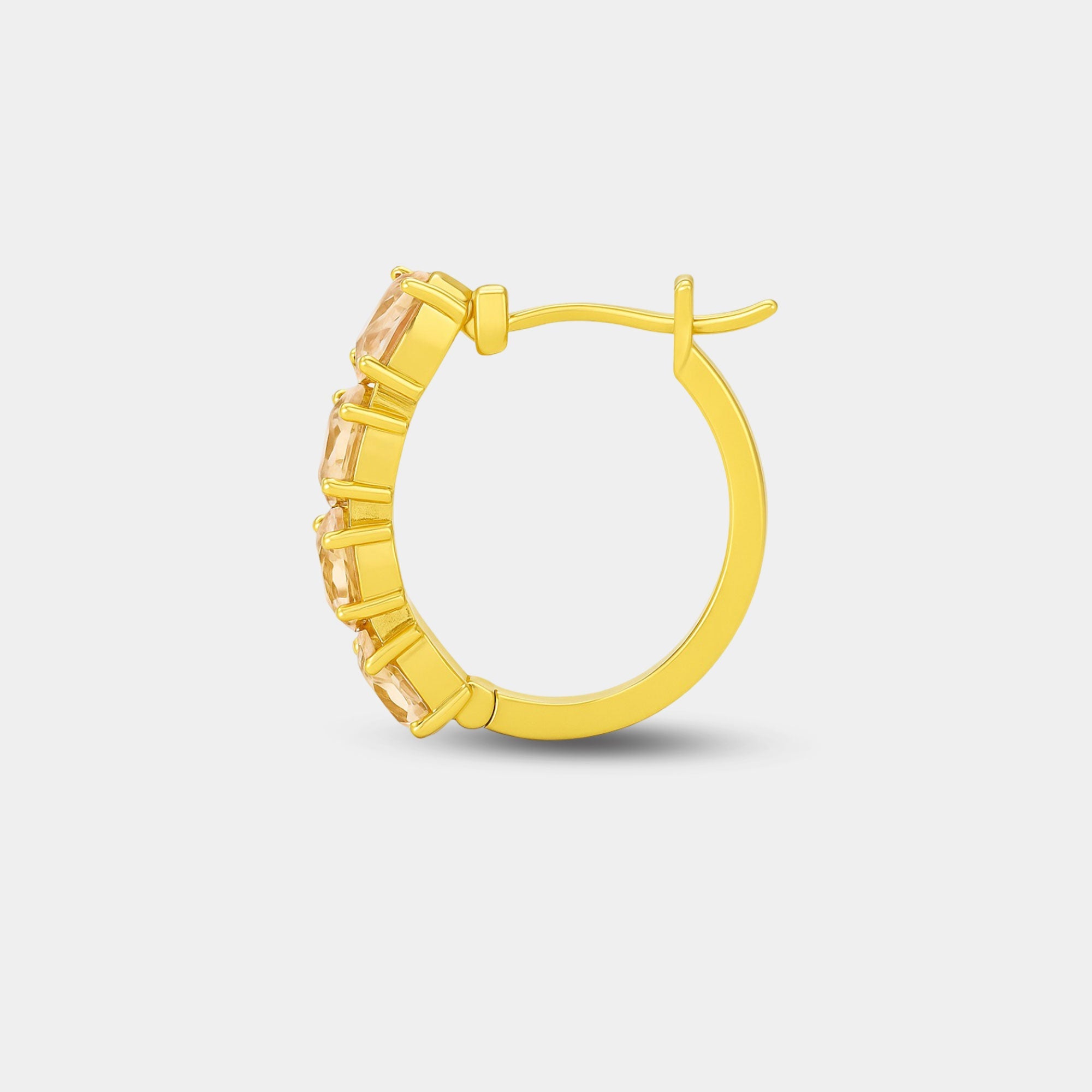 Pair of gold-plated morganite hoop earrings shown side by side.