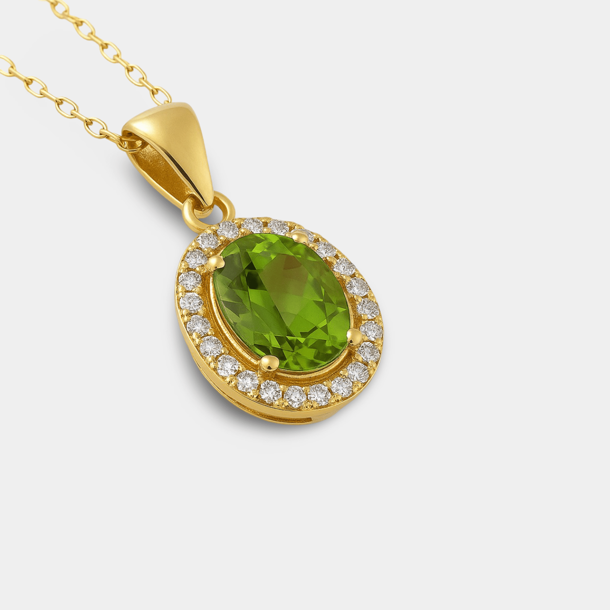 Oval Peridot Halo Pendant Necklace - MH ELEGANCE - Oval Peridot Halo Pendant Necklace - MH ELEGANCE -