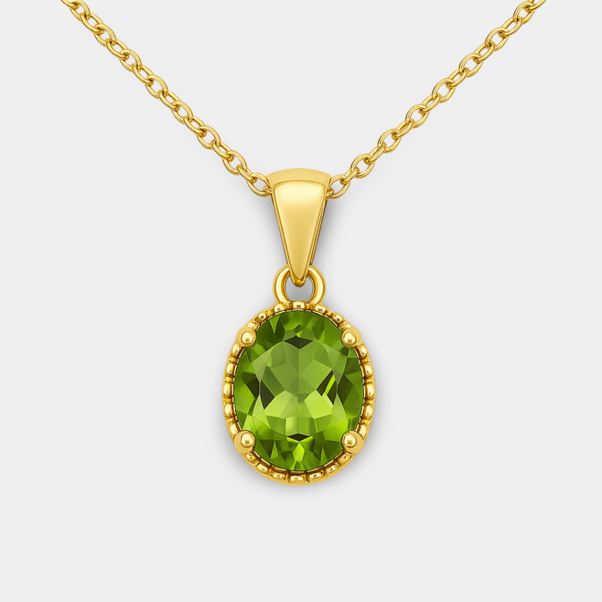 Gold plated silver peridot solitaire necklace shown on an 18 inch cable chain with spring ring clasp
