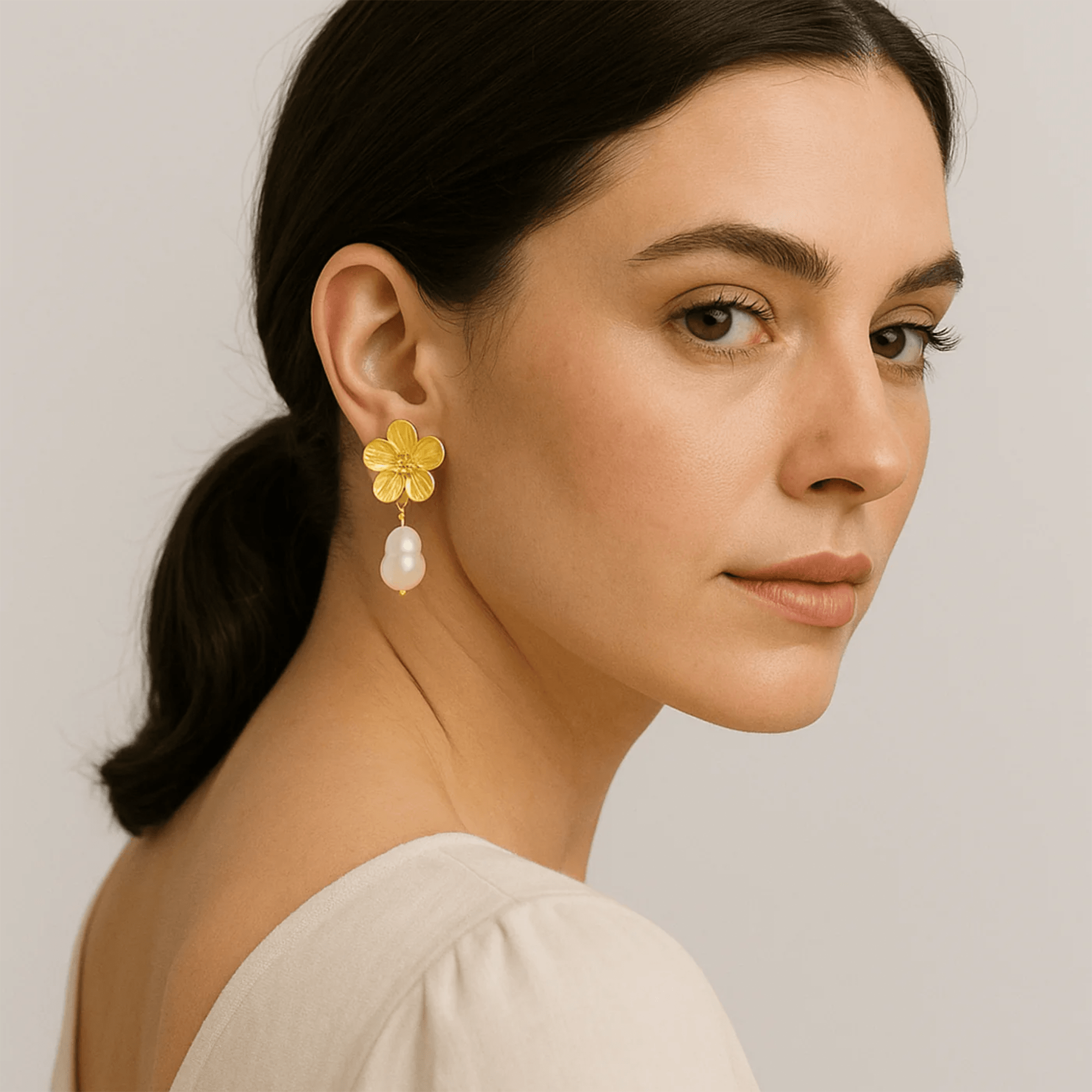 Pearl Drop Flower Earrings | Freshwater Pearl | 14K Gold Dangle – MH ELEGANCE - MH ELEGANCE - Pearl Drop Flower Earrings - MH ELEGANCE - Earrings