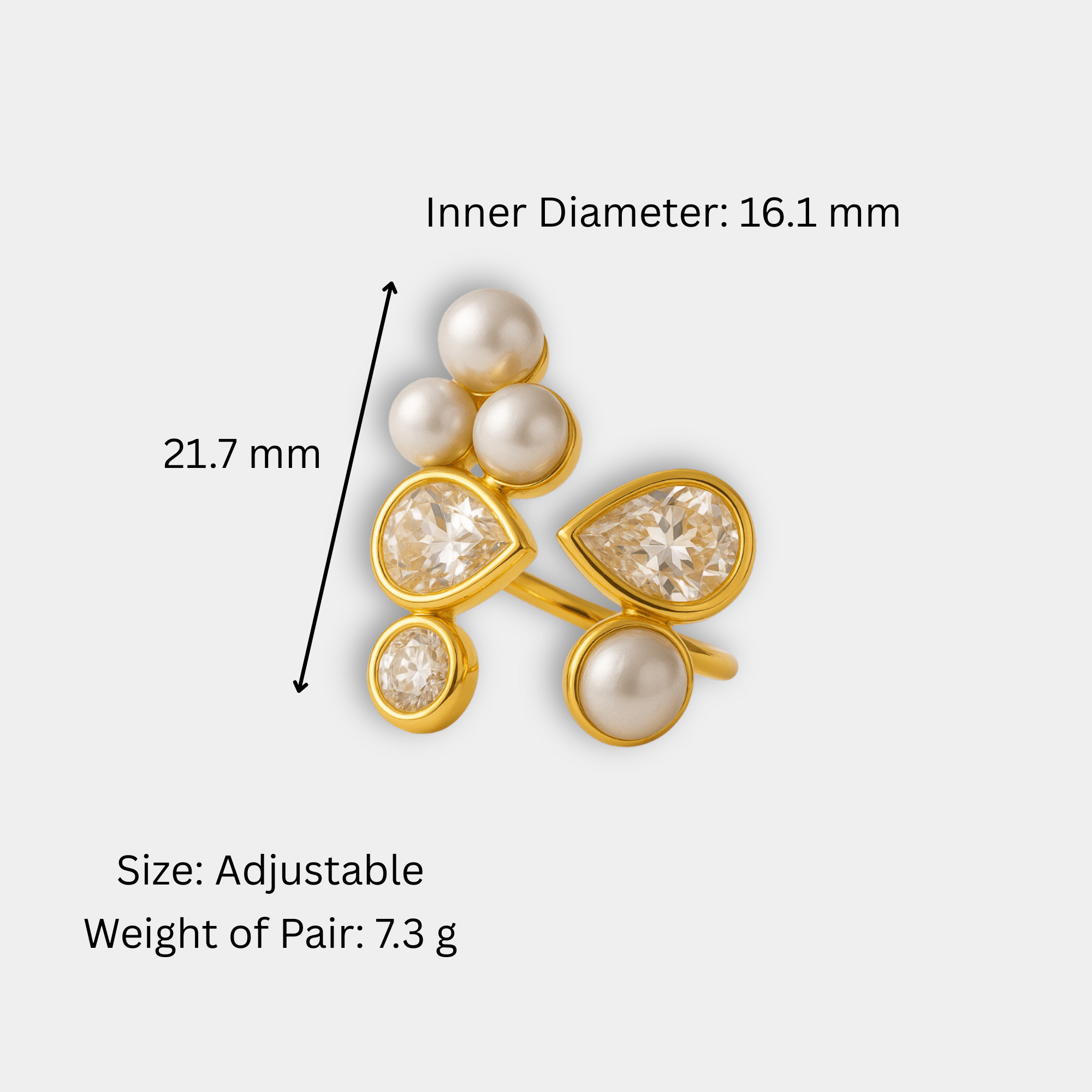 Dimension diagram for the Pearl Prism Galaxy Ring showing 16.1mm inner diameter, 21.7mm length, and adjustable sizing