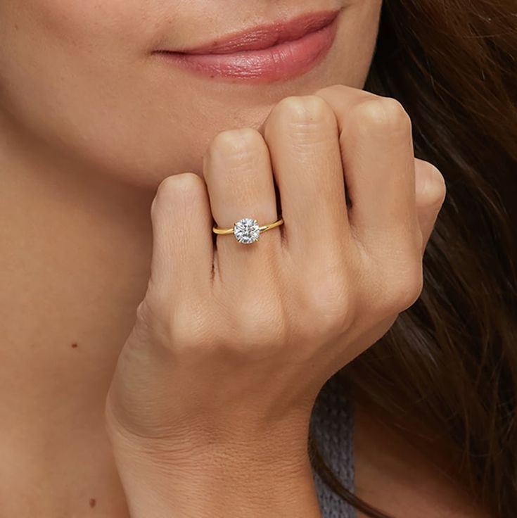 MH Elegance round moissanite solitaire ring showing the round cut stone and gold setting