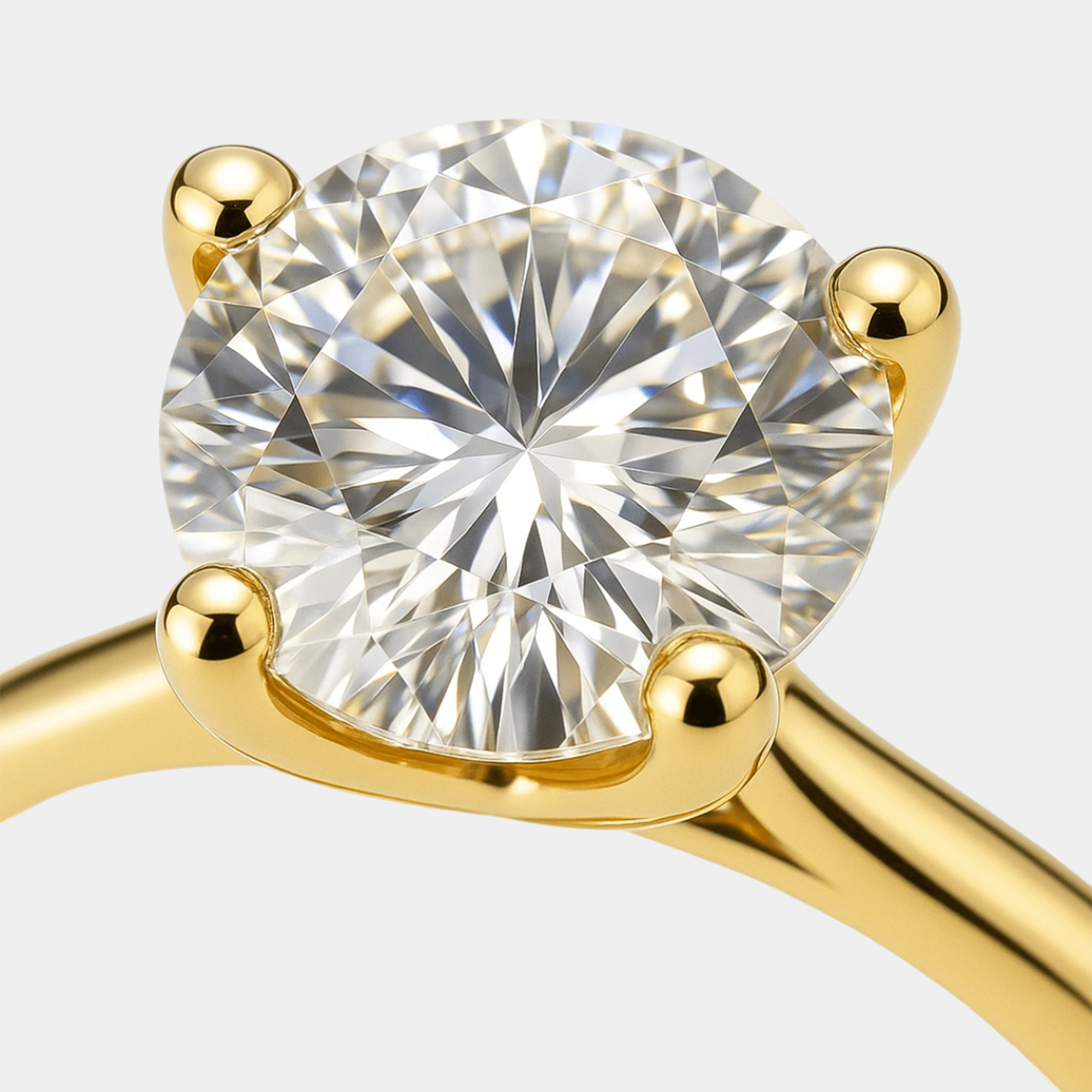 Side profile of round moissanite promise ring with polished 18K gold plated band