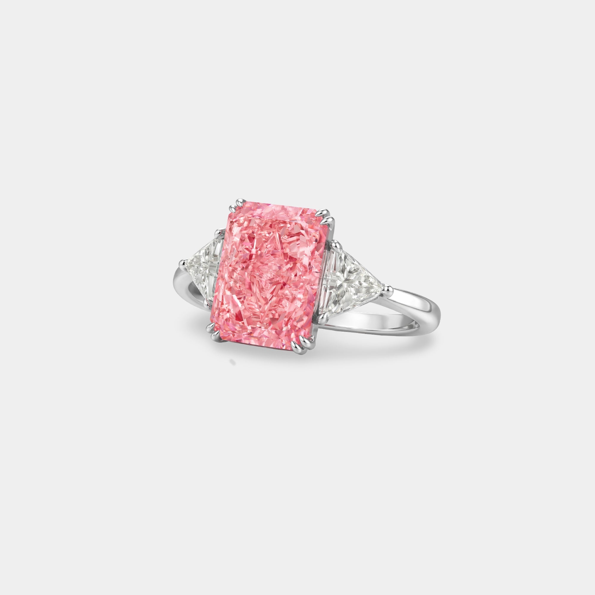 Sterling silver three stone pink moissanite engagement ring, detail of the band