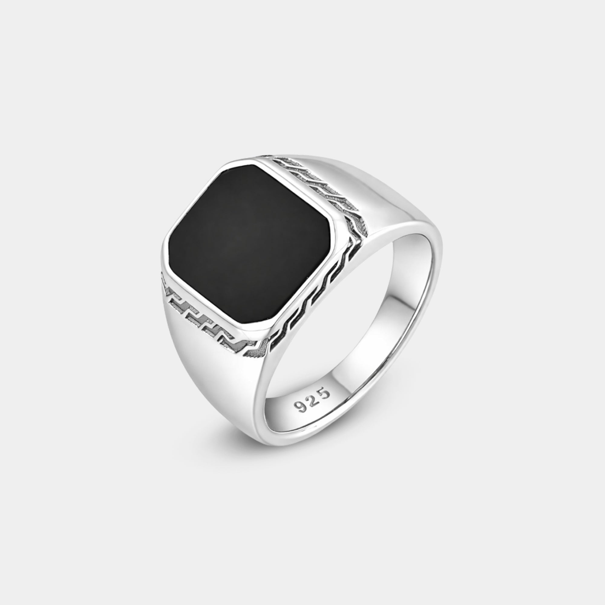 Black onyx vintage signet ring in silver, top view of the full ring