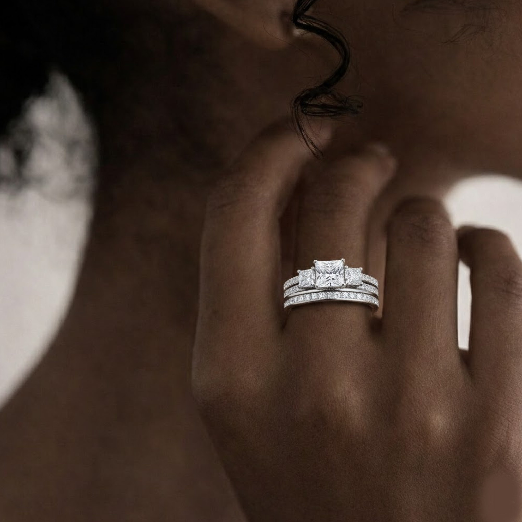 Brushed stainless steel his wedding band, side view showing matte finish