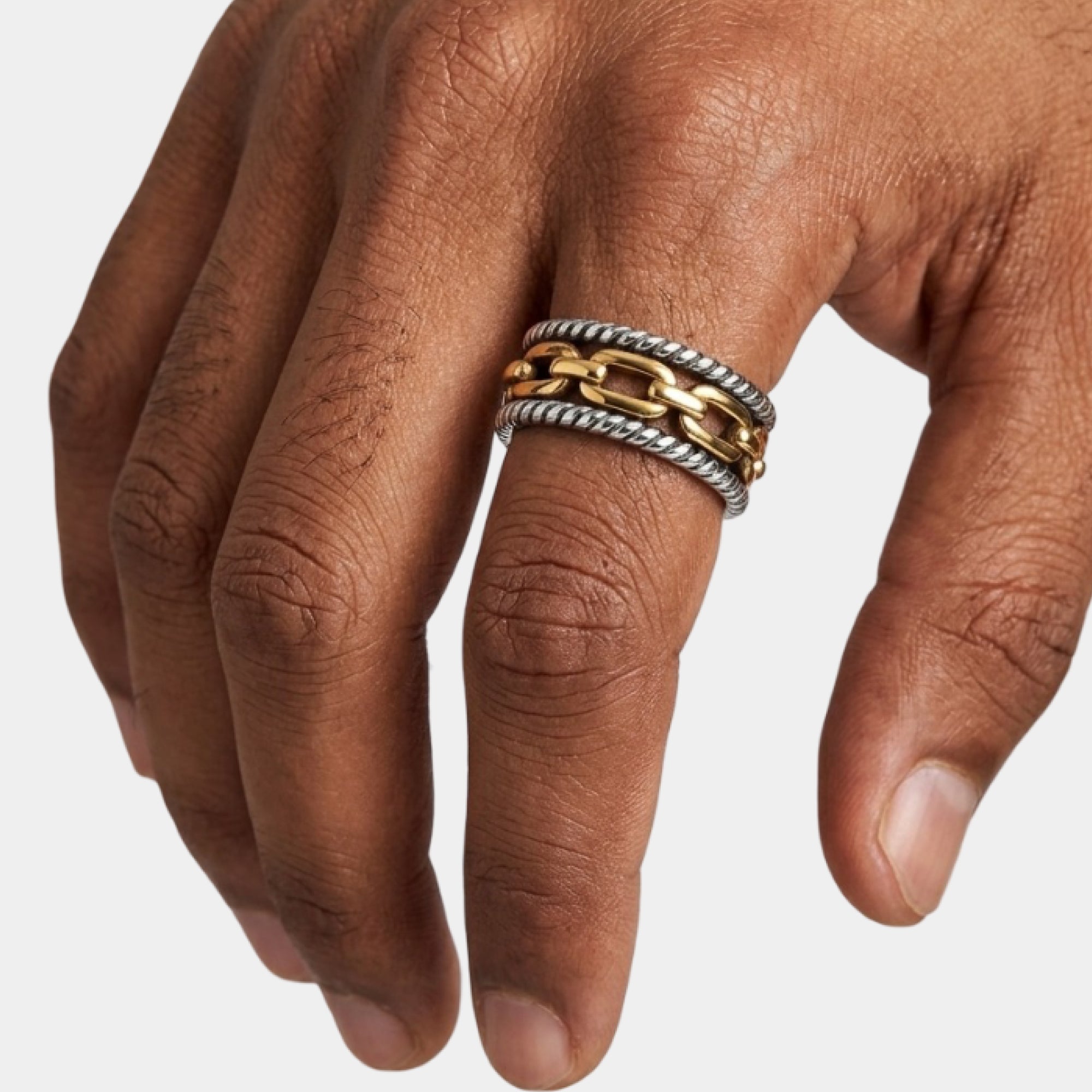 Close view of the vintage lock charm on the silver ring