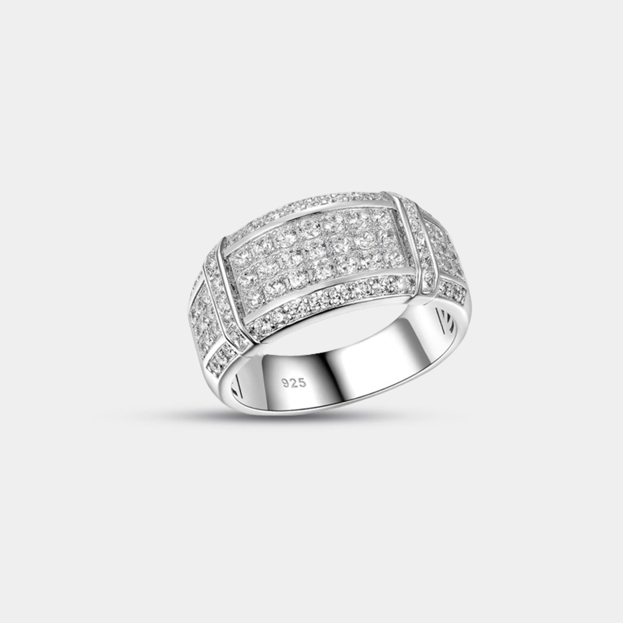 Silver diamond-look men's wedding ring, top view of the full band