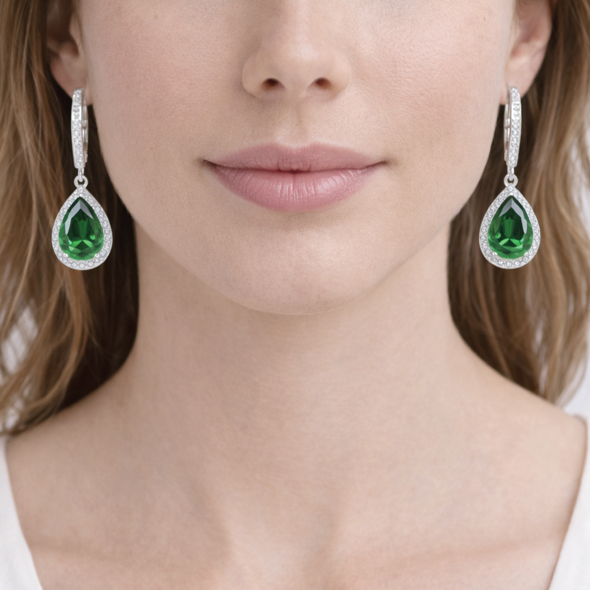 Sterling silver emerald drop earrings shown on an ear