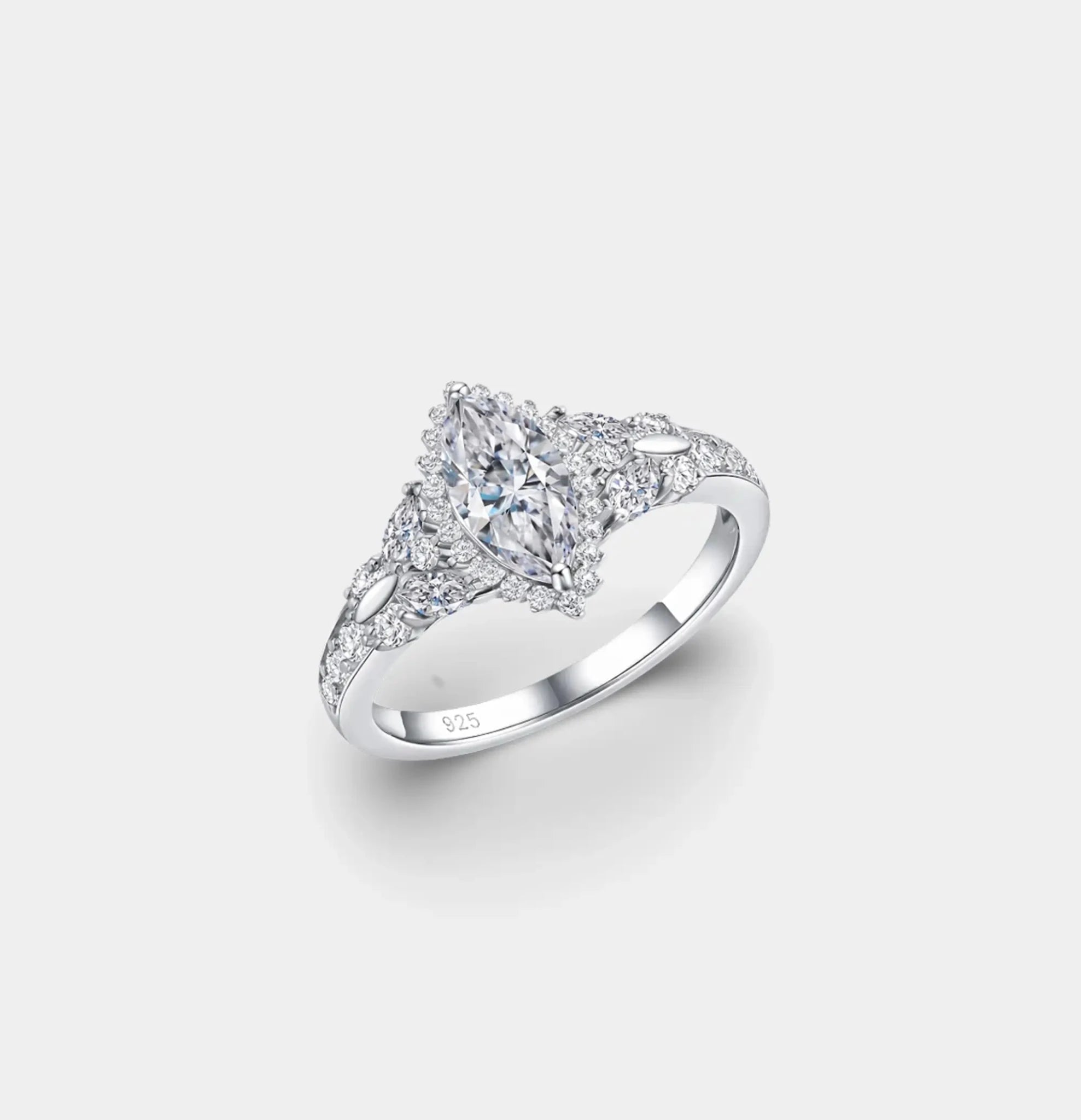 Marquise CZ halo butterfly ring in white gold plated silver, top view