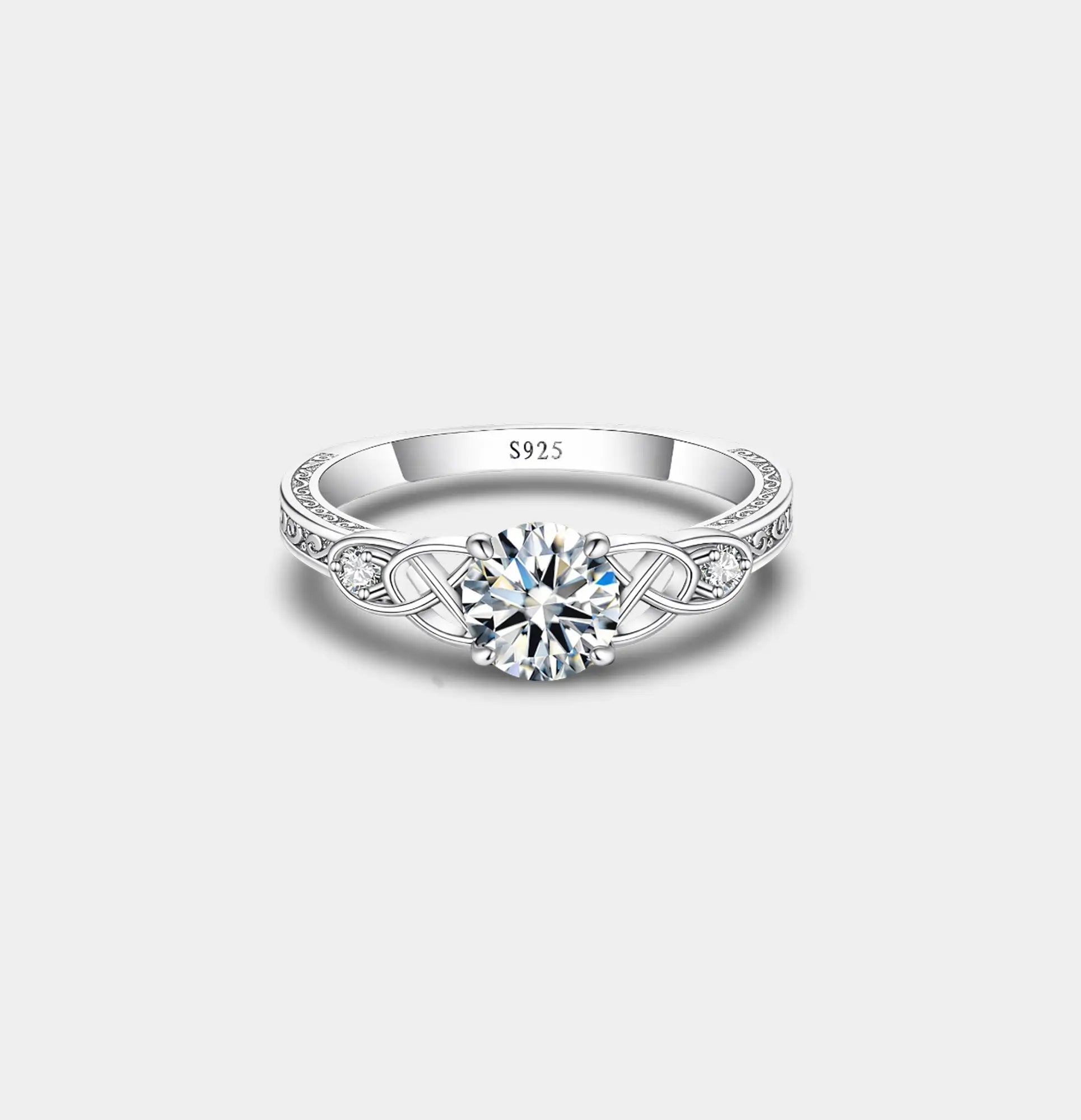 Sterling silver Celtic knot engagement ring set with a 6mm CZ solitaire, front view