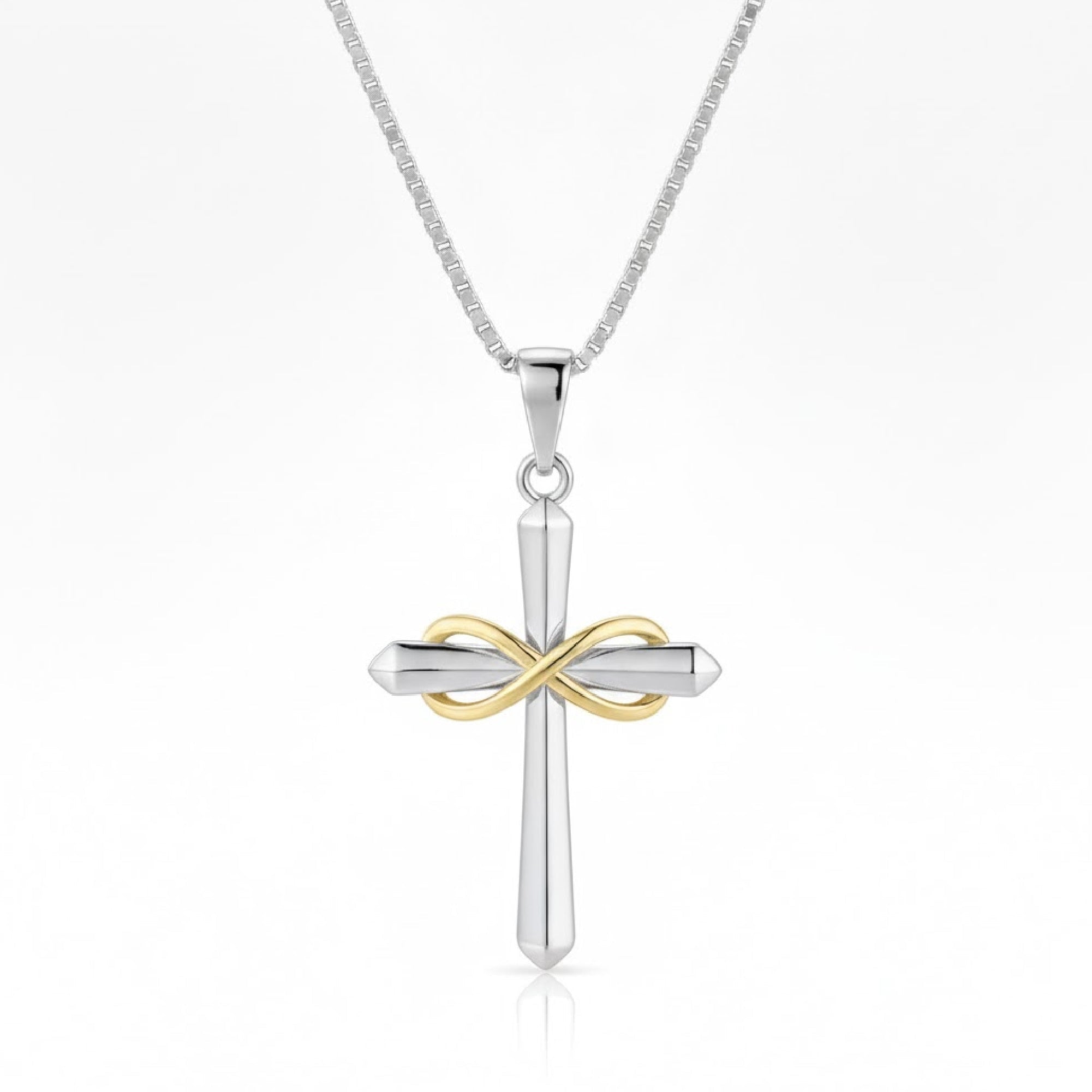 Sterling silver cross pendant on its box chain