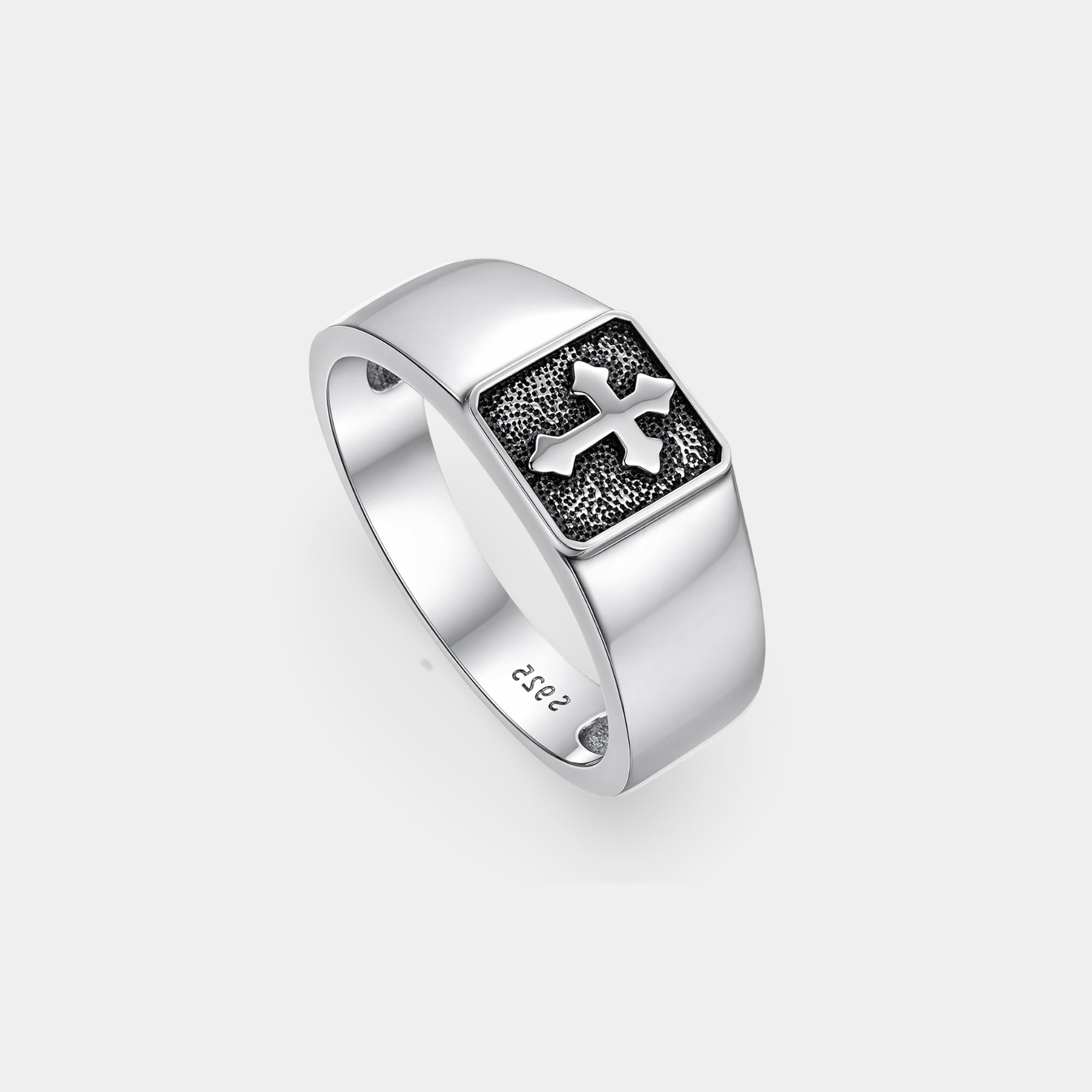 Mens Christian cross signet ring in sterling silver, top view