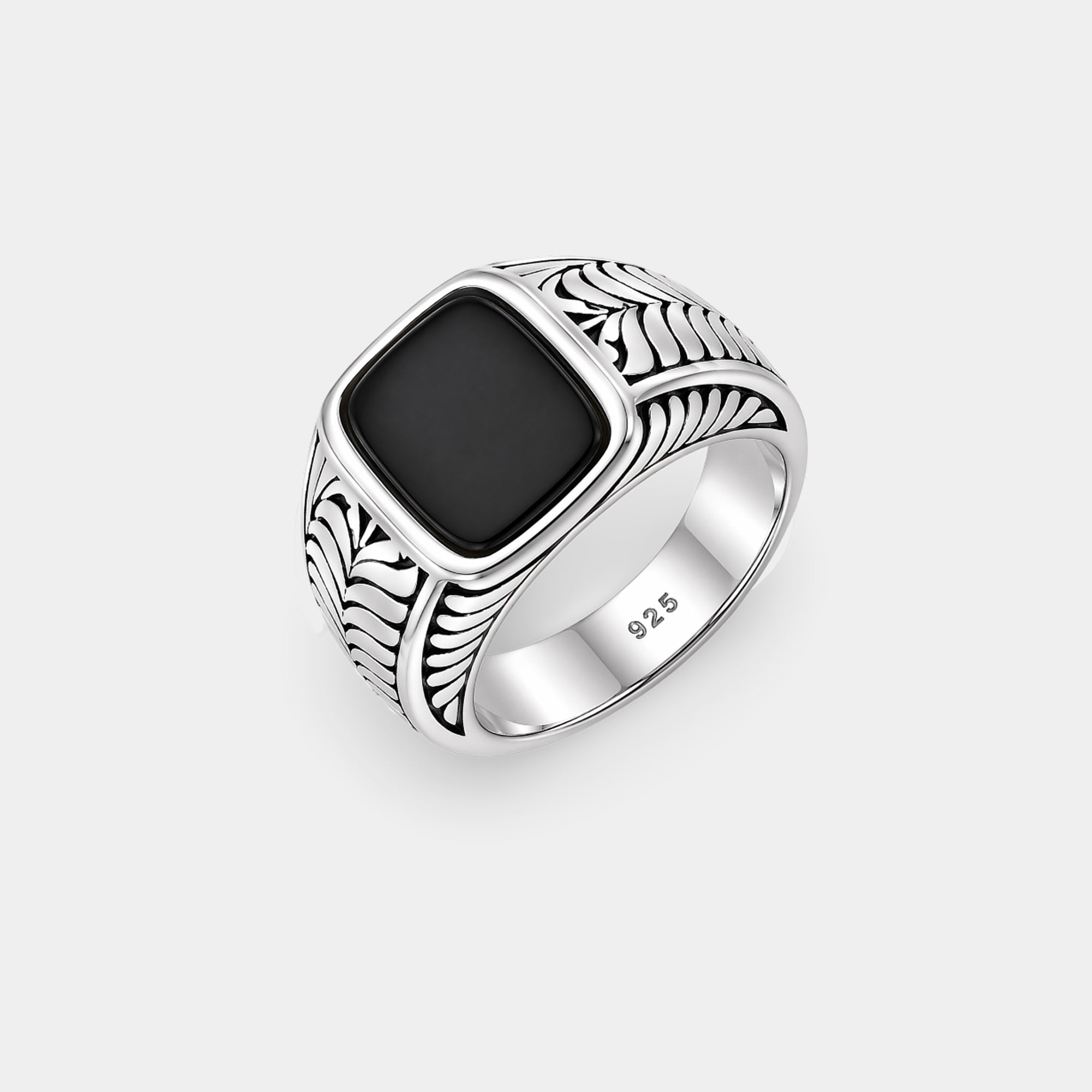Mens black onyx statement ring in sterling silver, top view