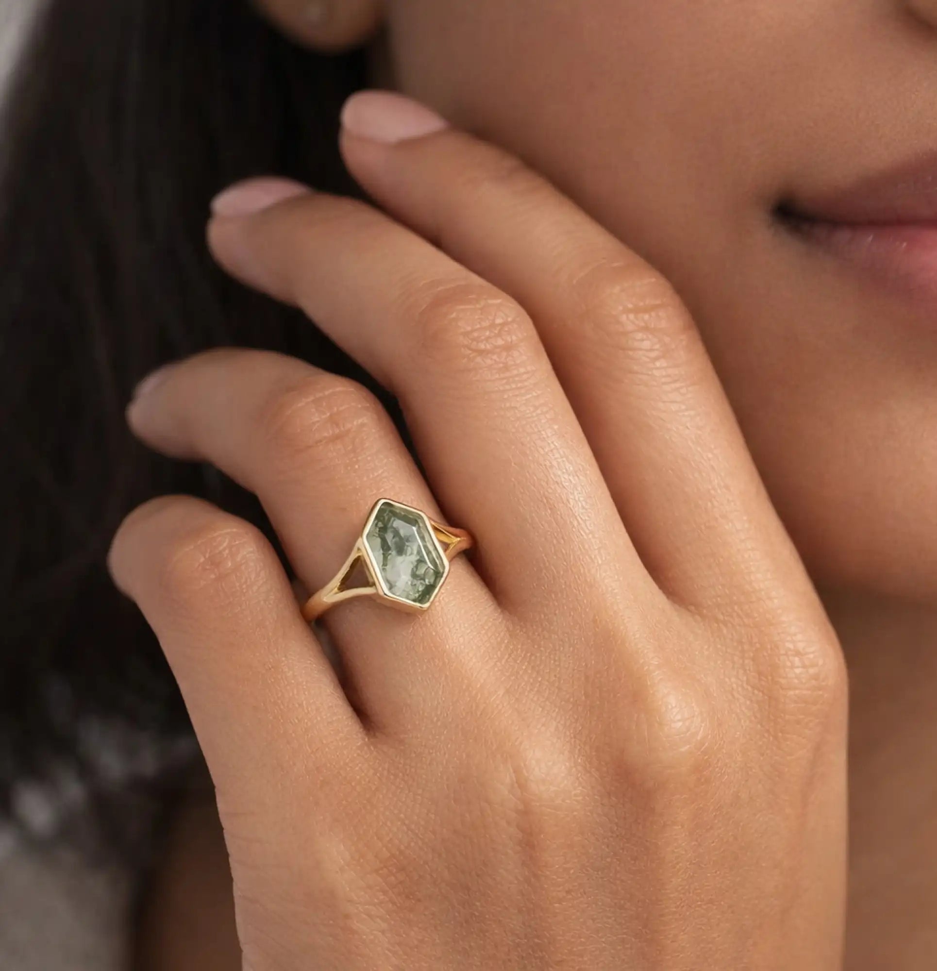 Sterling Silver Hexagon Moss 14K Gold Plated Ring - MH ELEGANCE - Sterling Silver Hexagon Moss 14K Gold Plated Ring - Ring