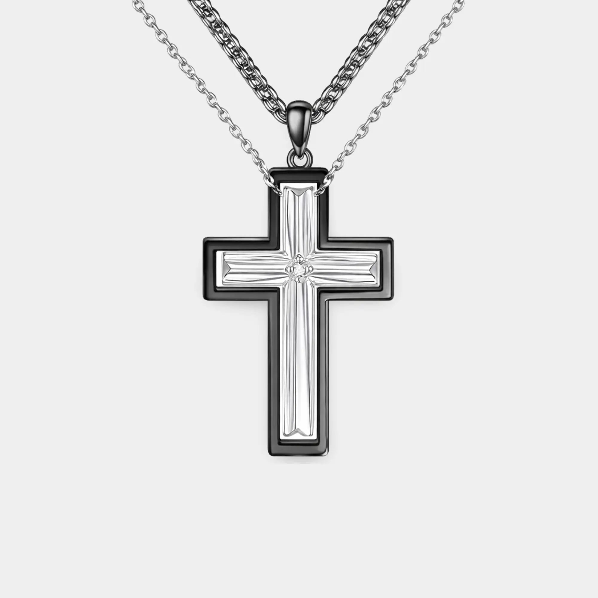Sterling Silver His & Hers Faith Cross Necklace Set | Matching Couple Pendants - MH ELEGANCE - Sterling silver his and hers matching faith cross necklace set couple pendant display. - Necklace