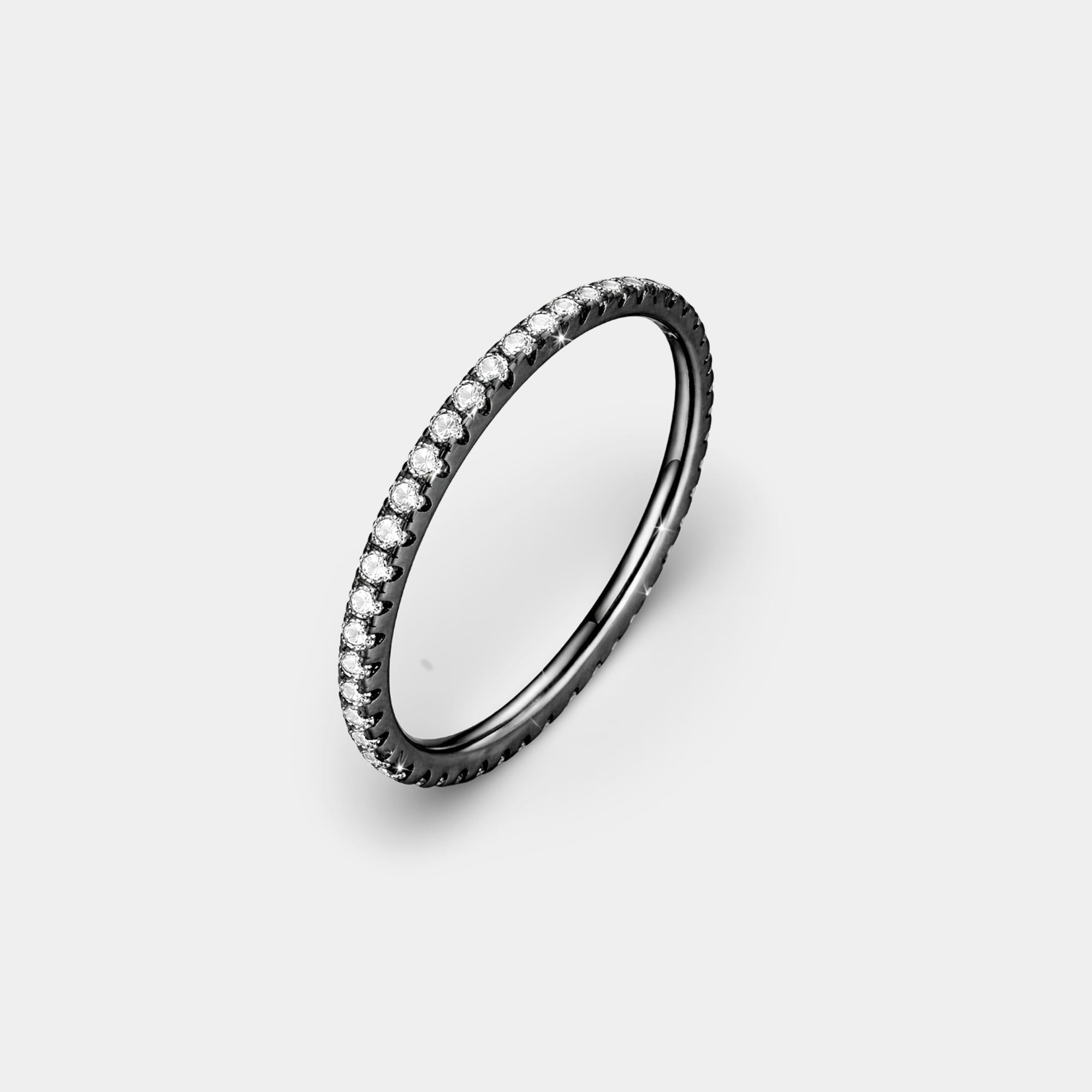 Sterling silver black cubic zirconia stackable ring, detail of the band