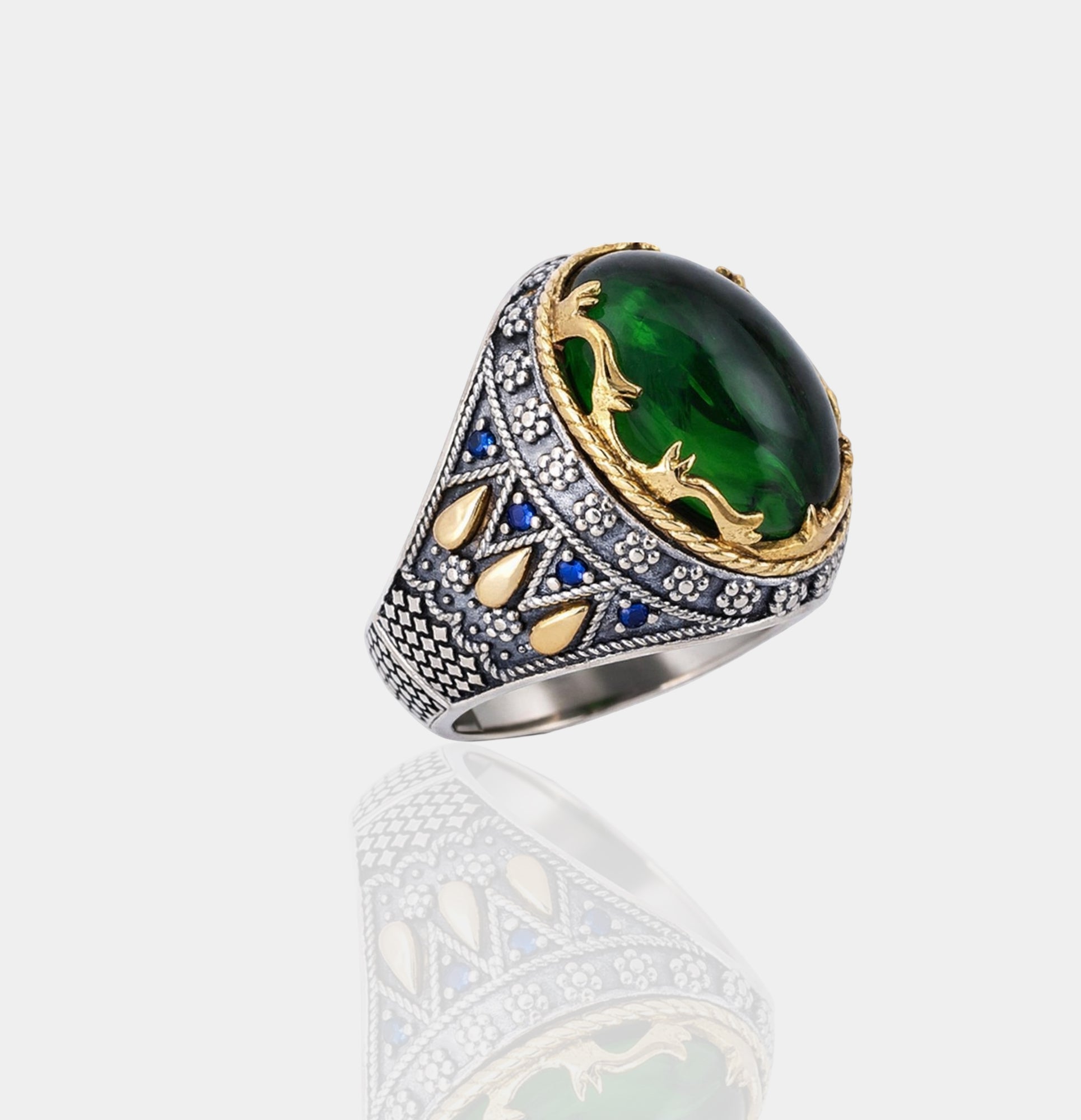Sterling Silver Ottoman Legacy Emerald Inlaid Men's Ring | Gemstone Luxury Jewelry - MH ELEGANCE - Sterling Silver Ottoman Legacy Emerald Inlaid Men's Ring | Gemstone Luxury Jewelry - Ring