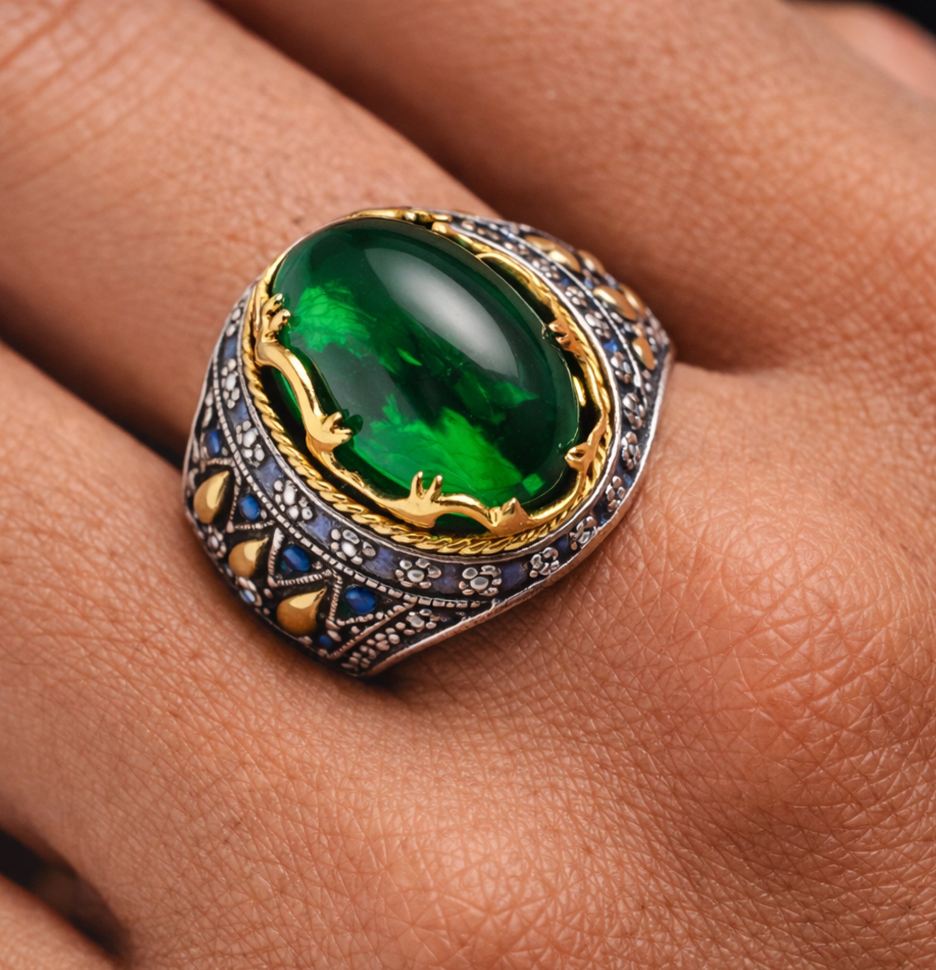Sterling Silver Ottoman Legacy Emerald Inlaid Men's Ring | Gemstone Luxury Jewelry - MH ELEGANCE - Sterling Silver Ottoman Legacy Emerald Inlaid Men's Ring | Gemstone Luxury Jewelry - Ring