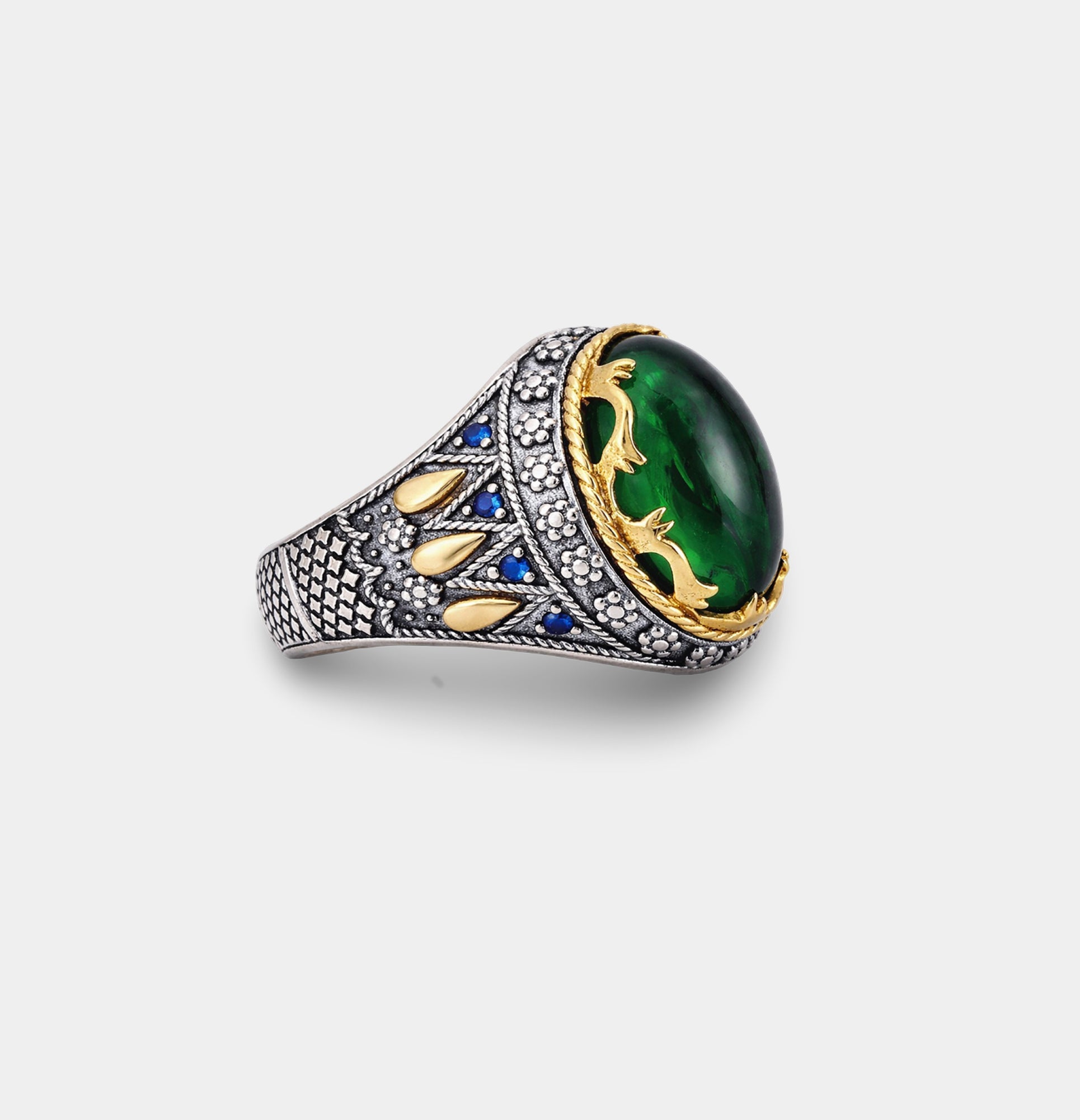 Sterling Silver Ottoman Legacy Emerald Inlaid Men's Ring | Gemstone Luxury Jewelry - MH ELEGANCE - Sterling Silver Ottoman Legacy Emerald Inlaid Men's Ring | Gemstone Luxury Jewelry - Ring