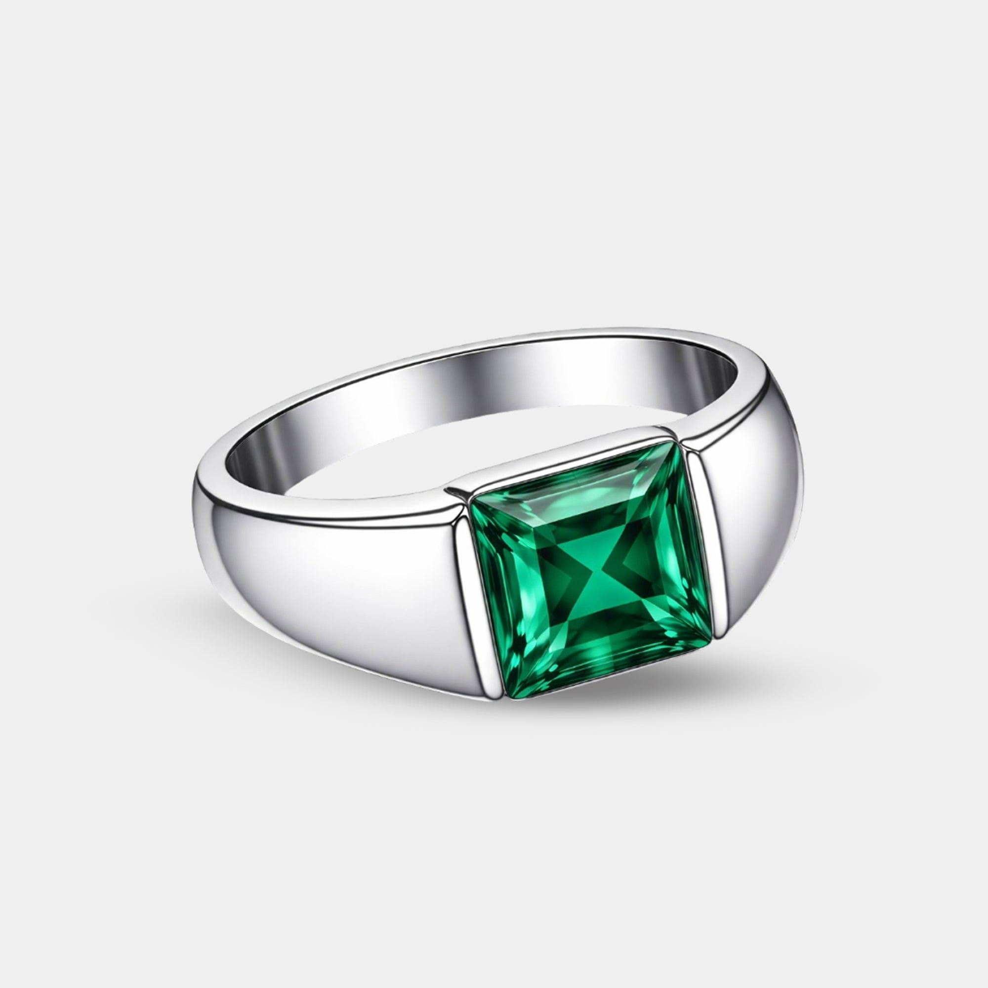 Mens green emerald statement ring in silver, top view