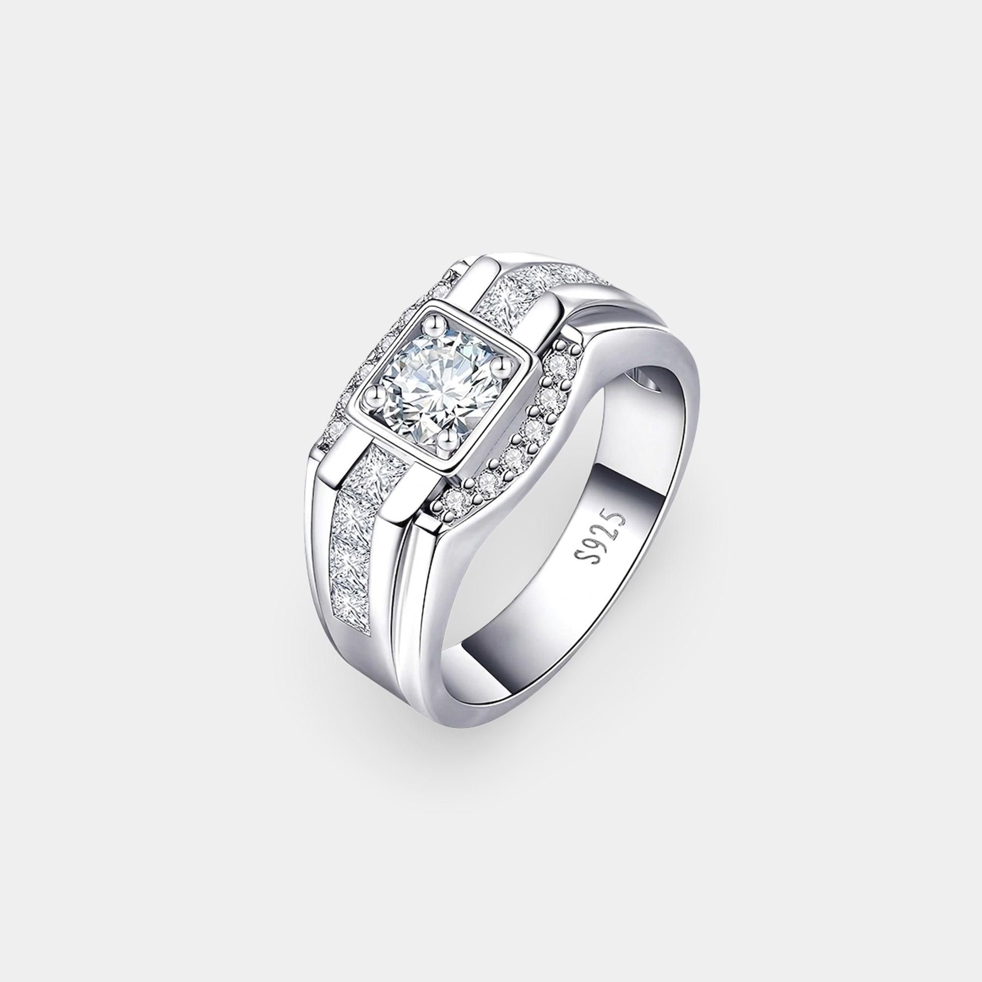 Round moissanite halo ring for men in silver, top view of the full ring