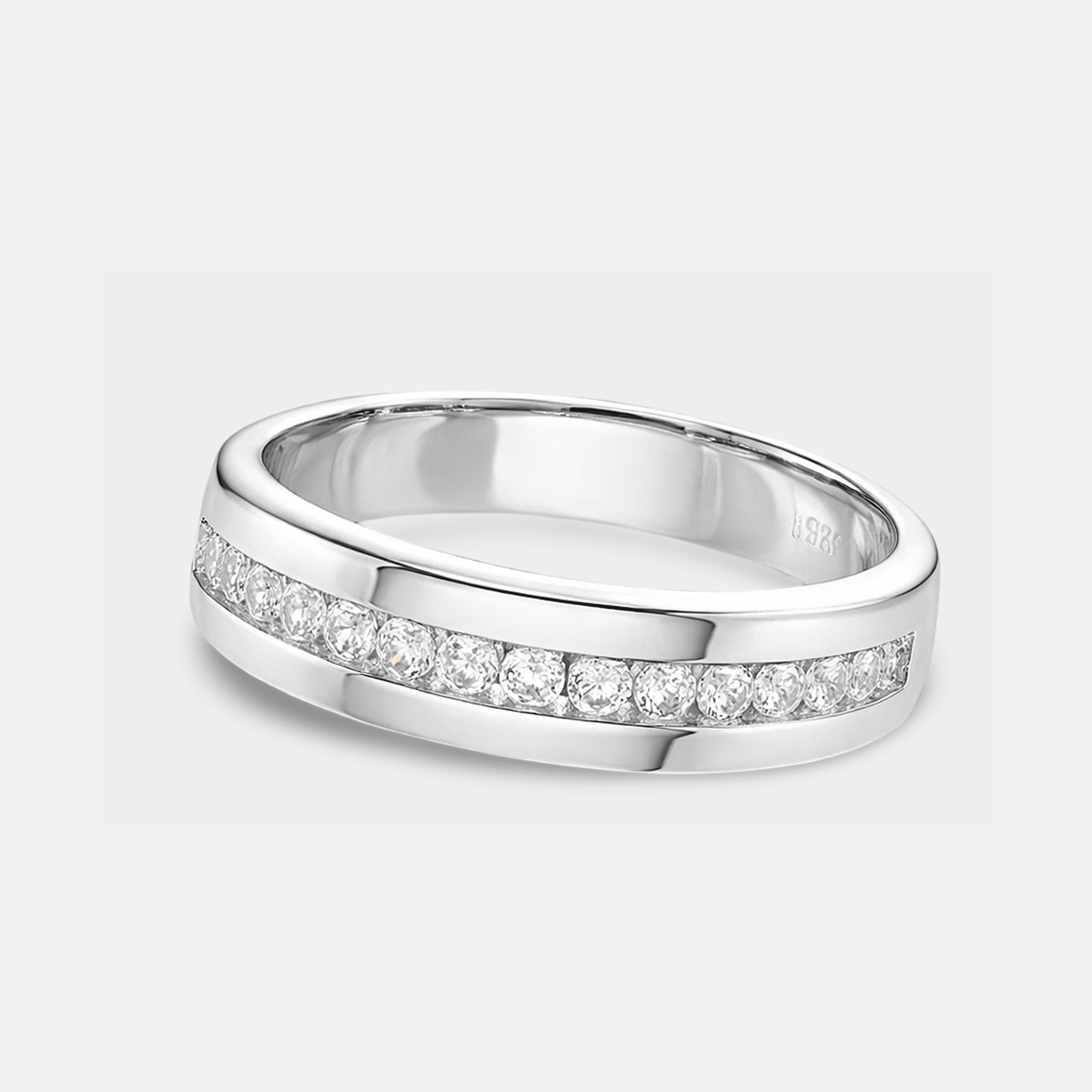 Men's silver CZ band showing prong-set stones, close-up detail - MH Elegance
