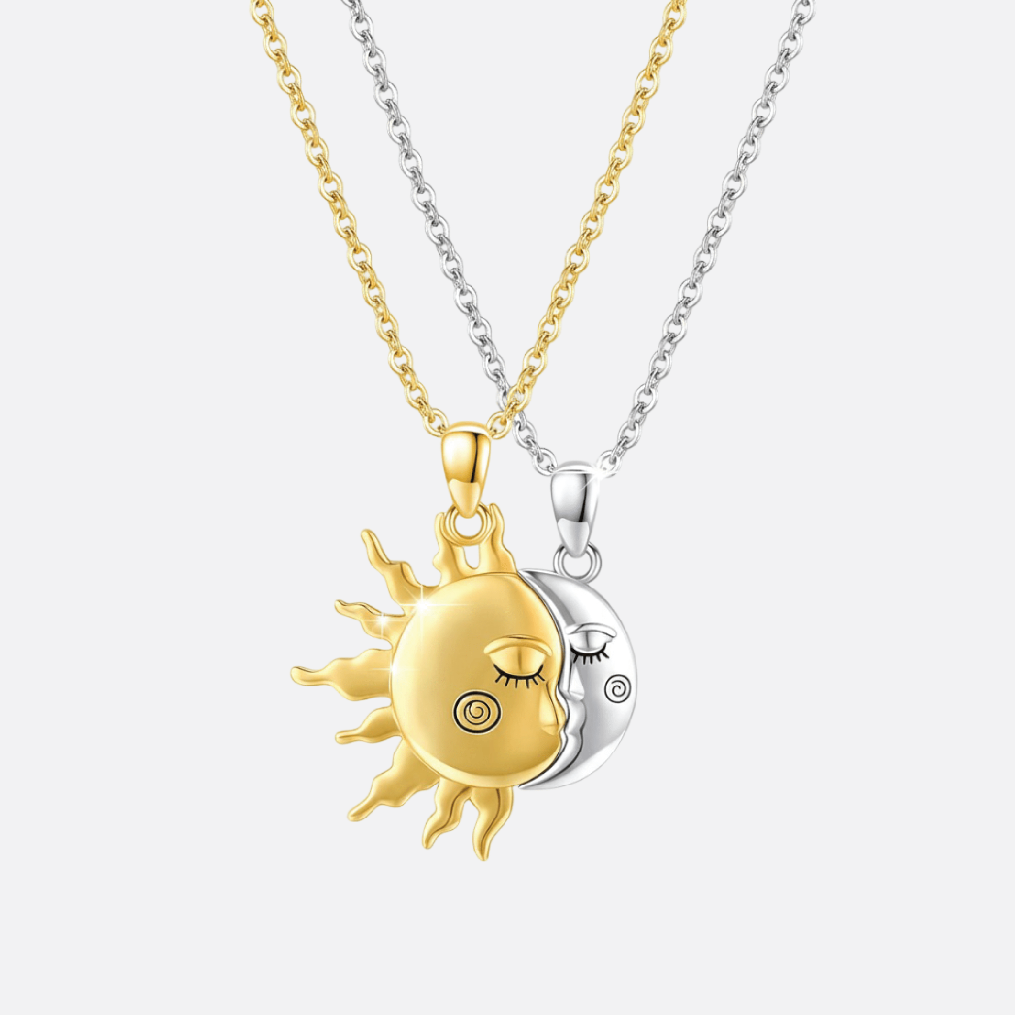 Sterling Silver Sun & Moon Couple Necklace Set | His & Hers Celestial Pendants - MH ELEGANCE - Sterling silver sun and moon matching his and hers couple necklace set from MH Elegance - Necklace