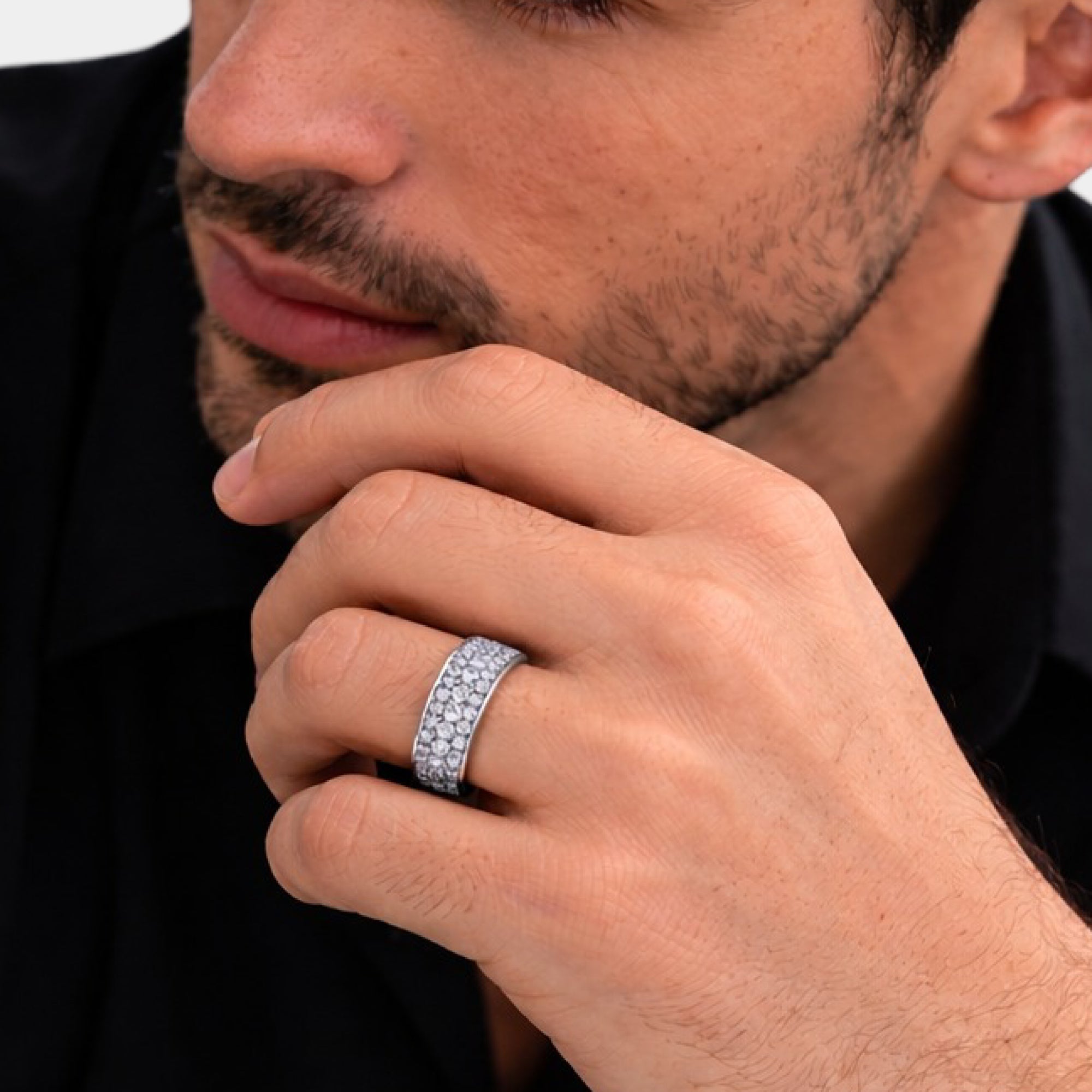 Close-up of the three rows of cubic zirconia on a men's silver band