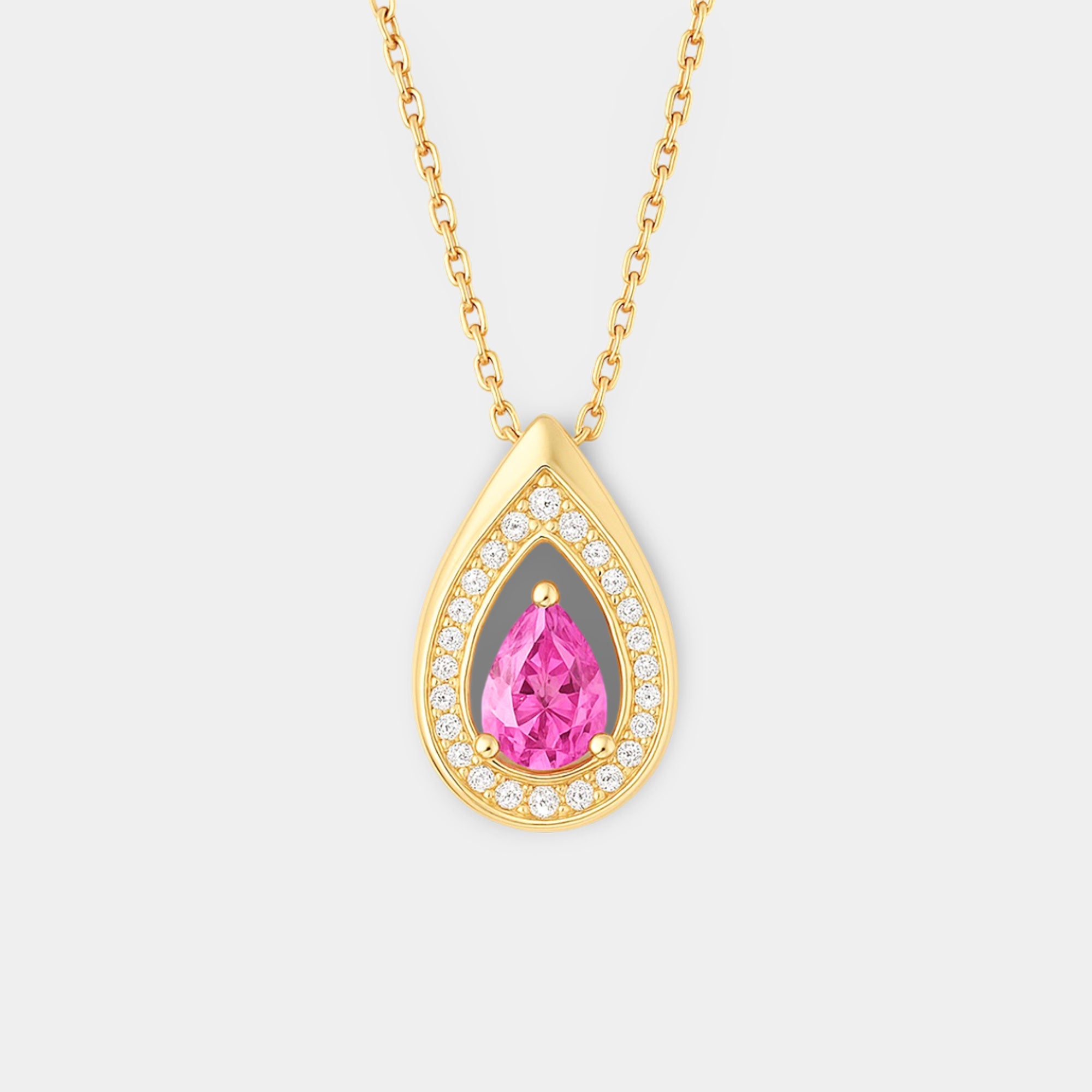 Teardrop pink tourmaline pendant necklace in gold-plated sterling silver on a chain.