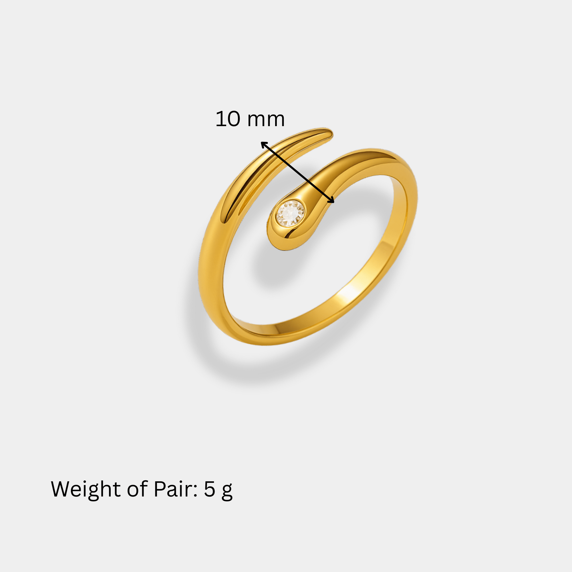 Size diagram for the gold wave wrap ring showing the 10mm band width and about 5g weight