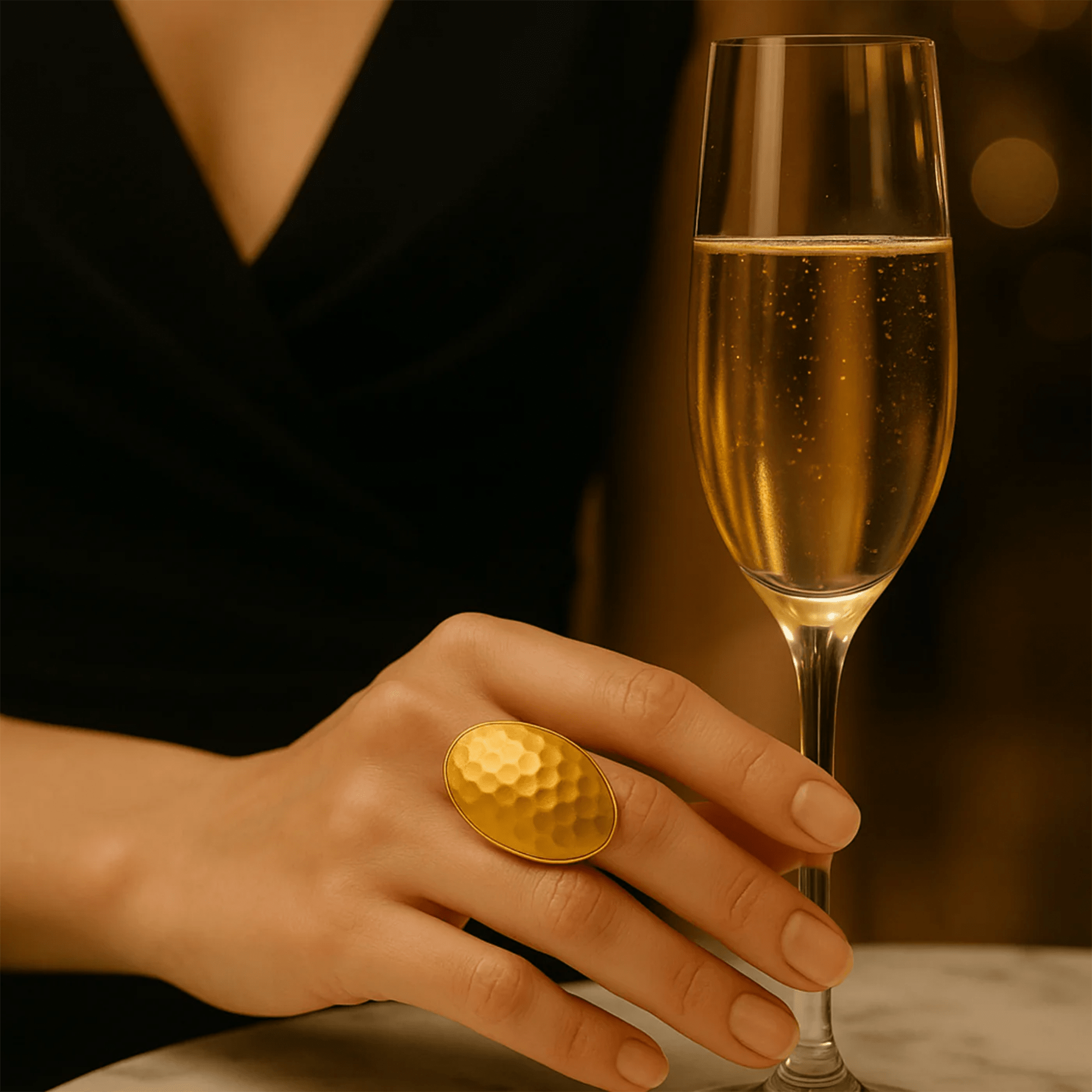 Textured Gold Dome Ring | 14K Gold Bold Statement Ring for Women - MH ELEGANCE - Textured gold dome ring stacked with dainty 14K gold band showing contrast stack styling for women - Ring