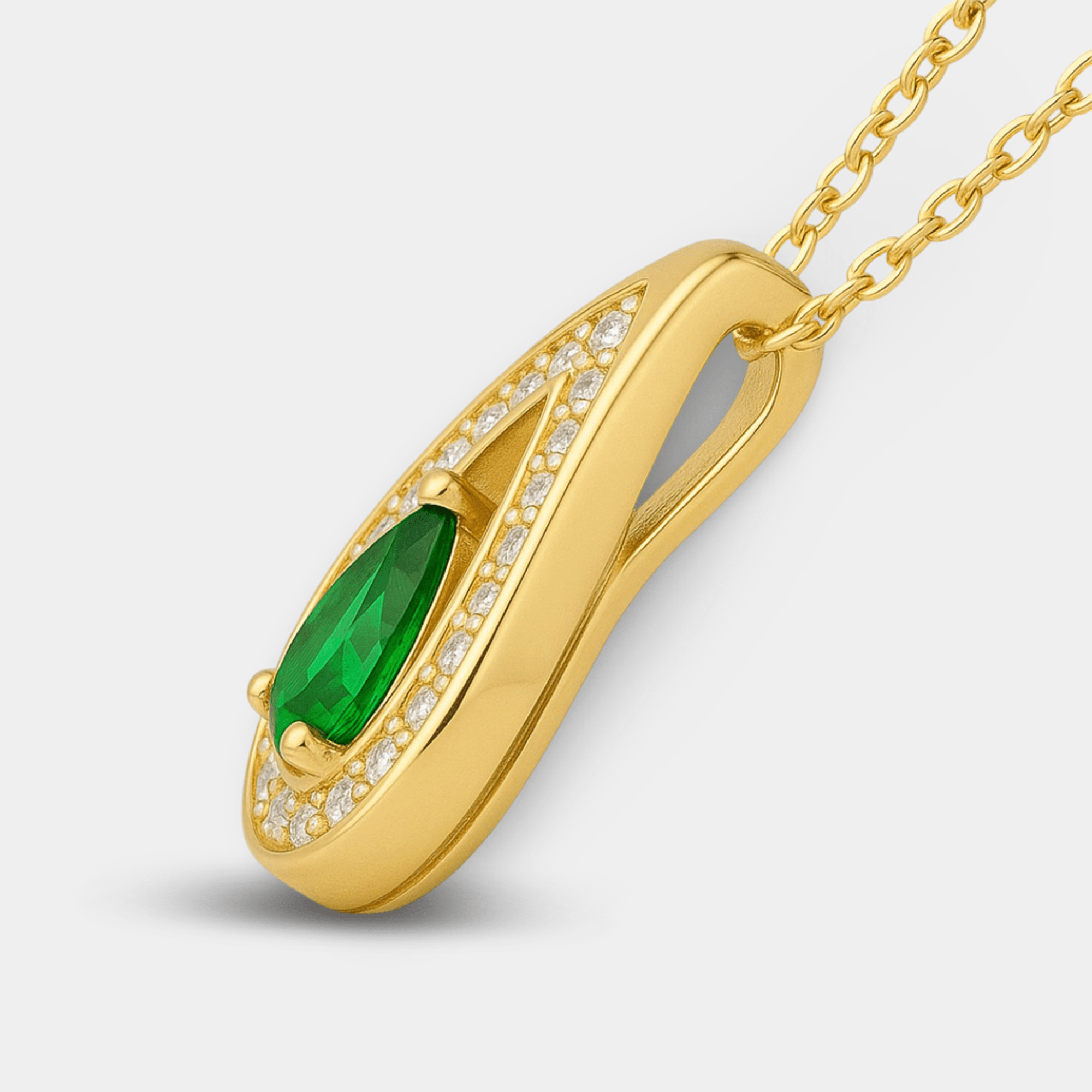 Green lab grown emerald pendant on an adjustable chain, full necklace view
