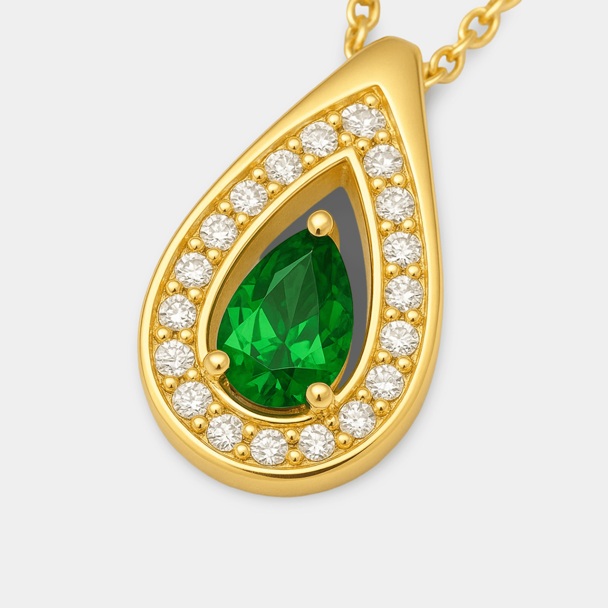 May birthstone emerald teardrop necklace in gold plated silver, detail view
