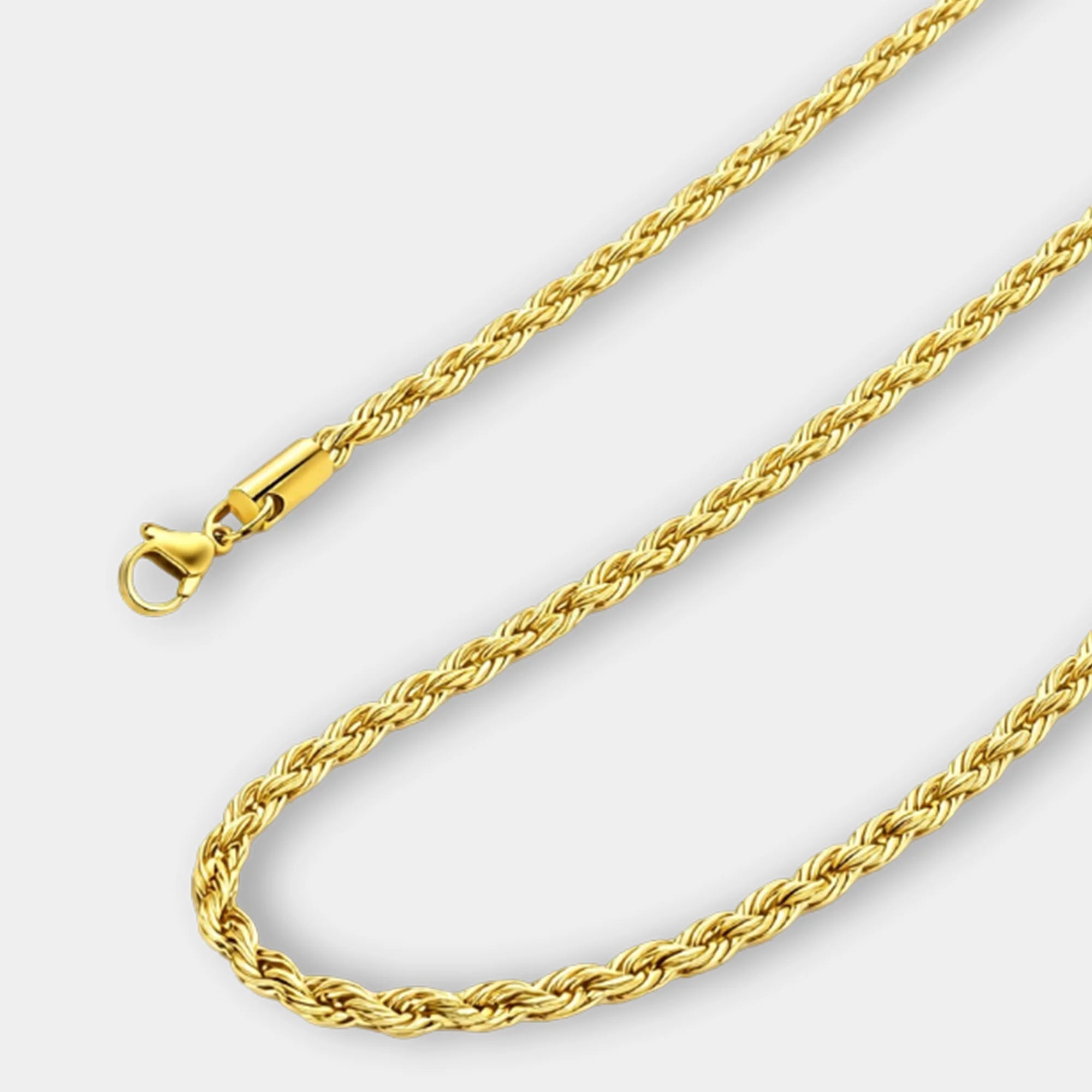 Close-up of the twist rope chain necklace showing the strong lobster claw clasp in gold-plated stainless steel