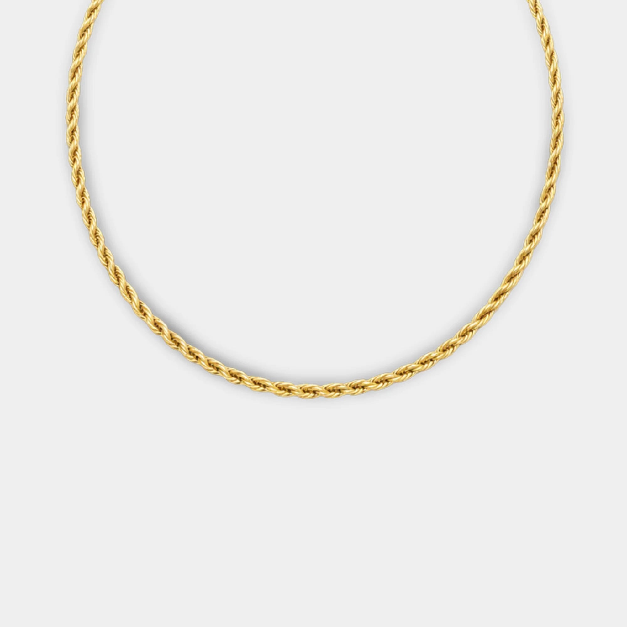 Twist rope chain necklace in 24K gold-plated stainless steel laid flat to show the full twisted rope design
