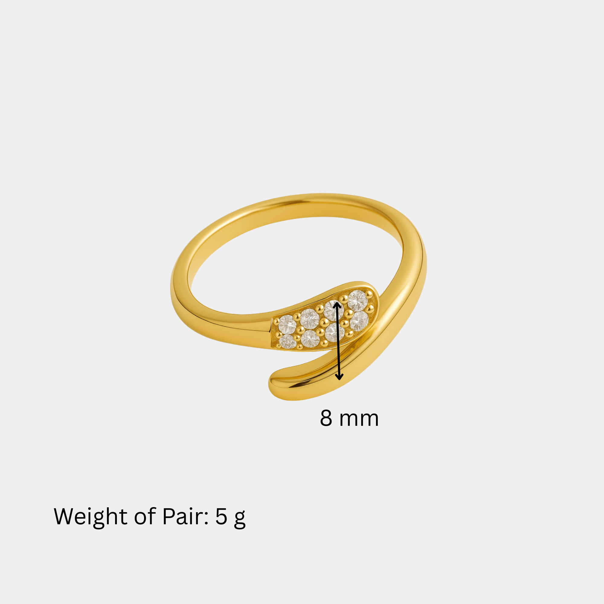 Size diagram for the twist solitaire zircon ring showing the 8mm wide top and about 5g weight