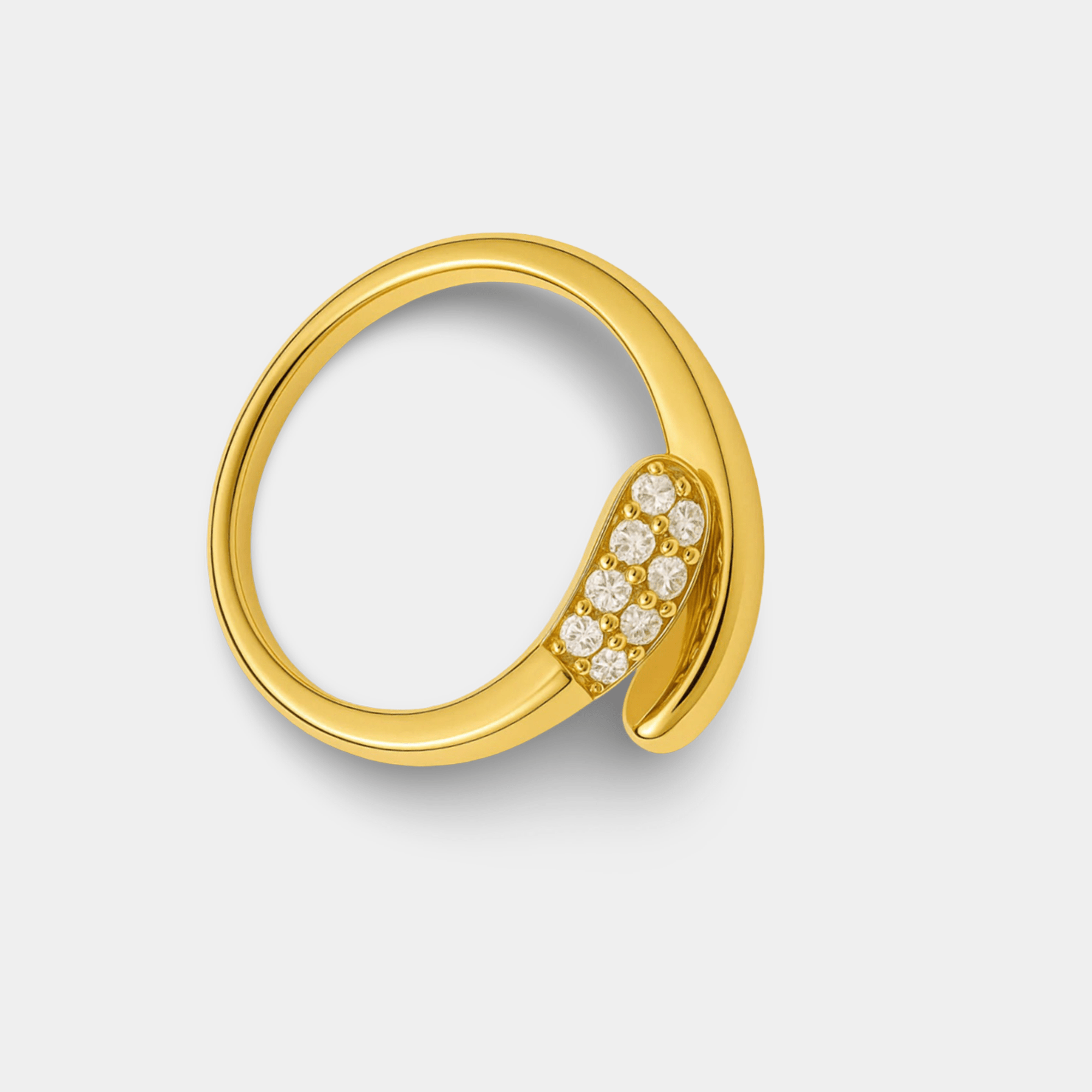 Front view of the adjustable open twist band ring with a sparkling cubic zirconia cluster