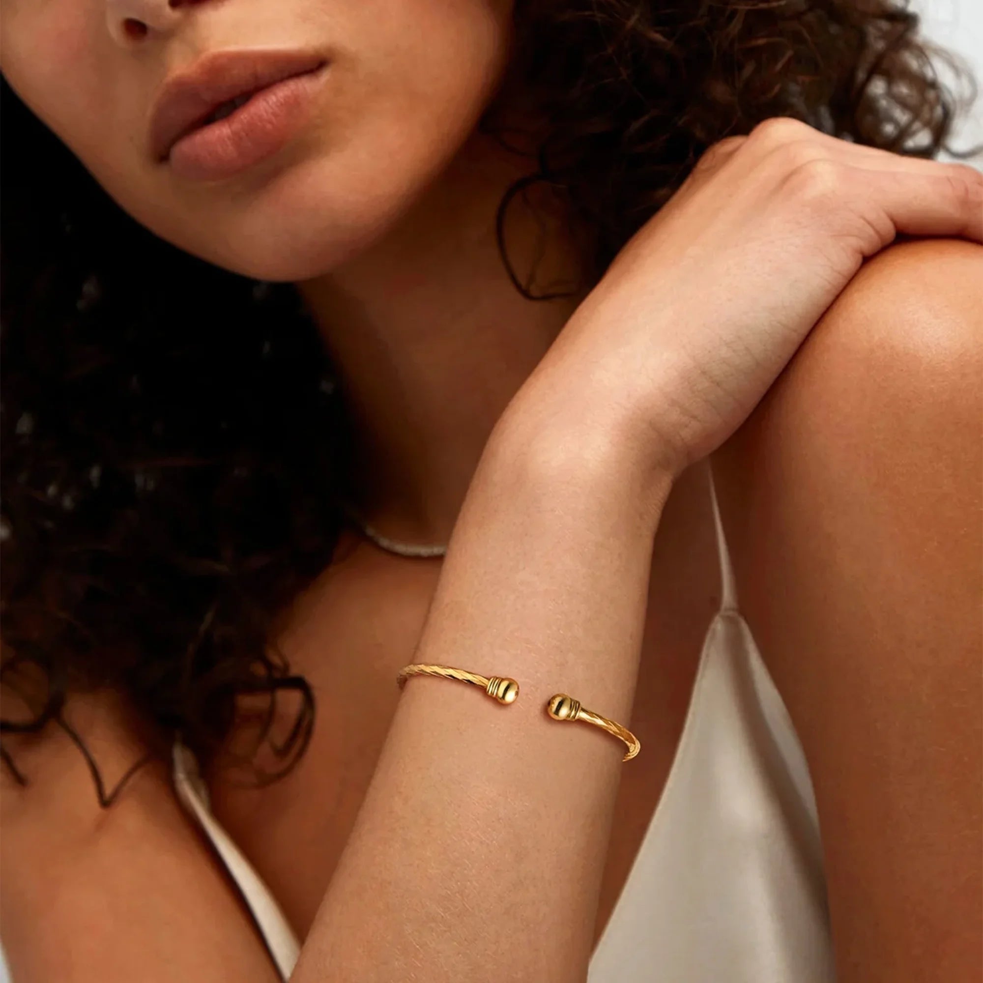 Gold open cuff bangle for men and women, top view