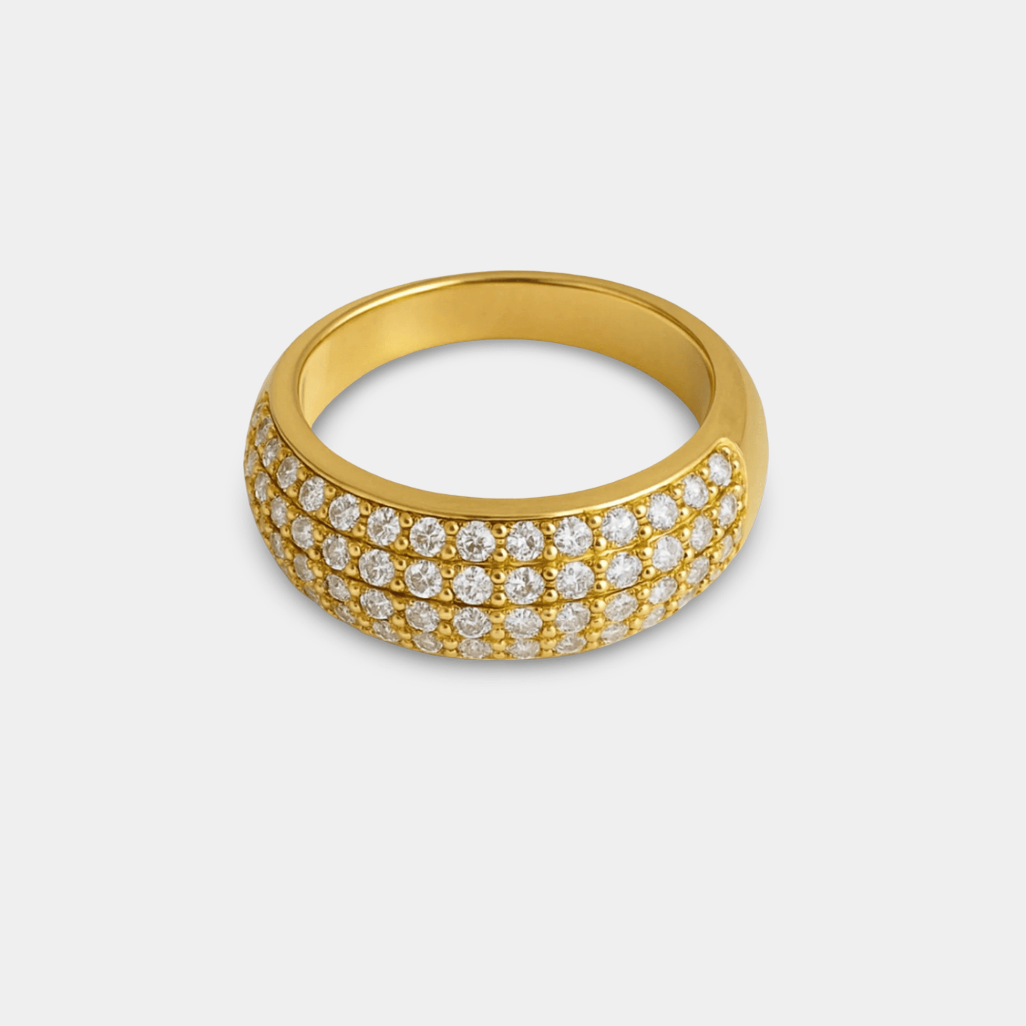 Veloura full pavé cubic zirconia dome ring in waterproof 18K gold plated stainless steel, front angled view