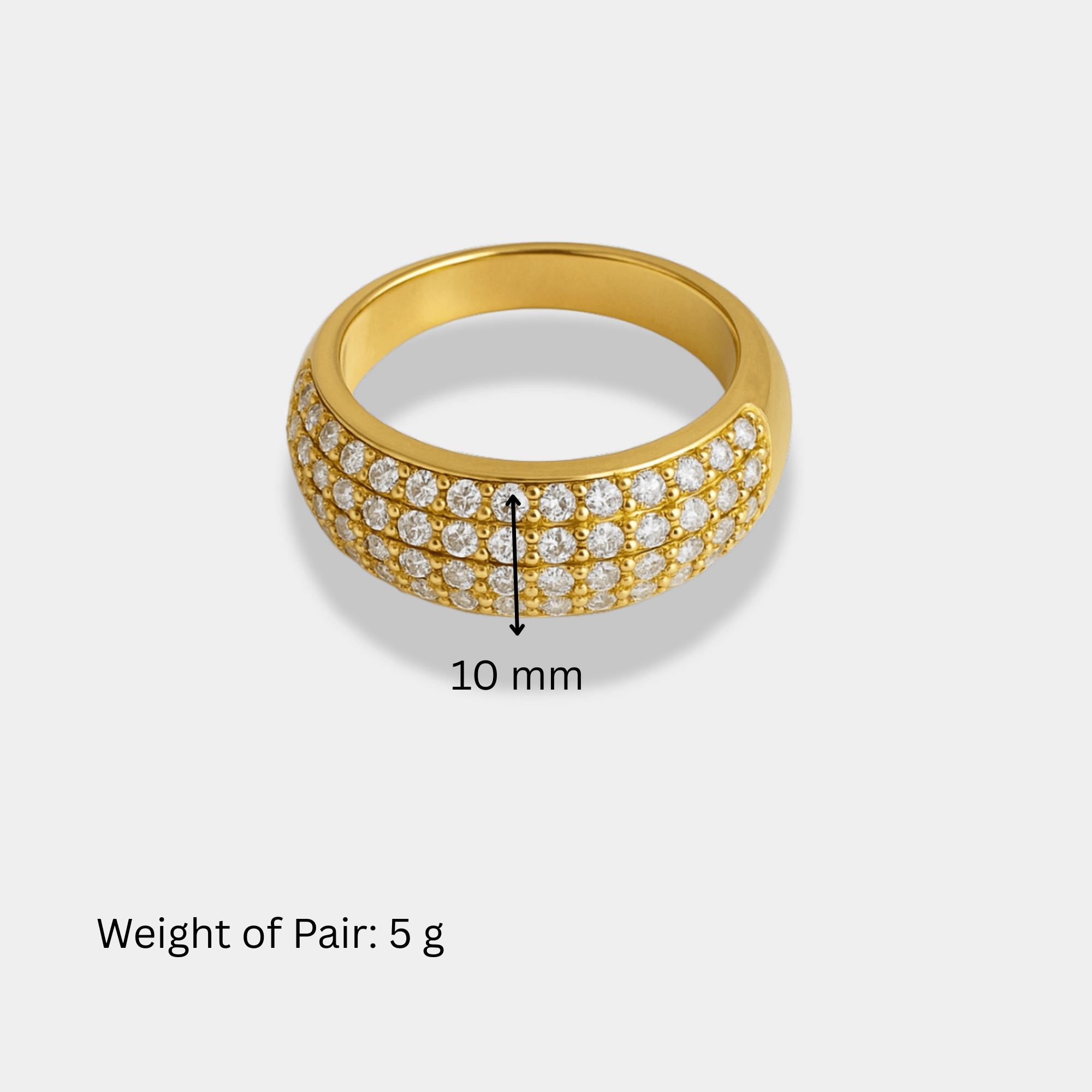 Dimension diagram for the Veloura pavé ring showing the 10mm dome band width and about 5g weight