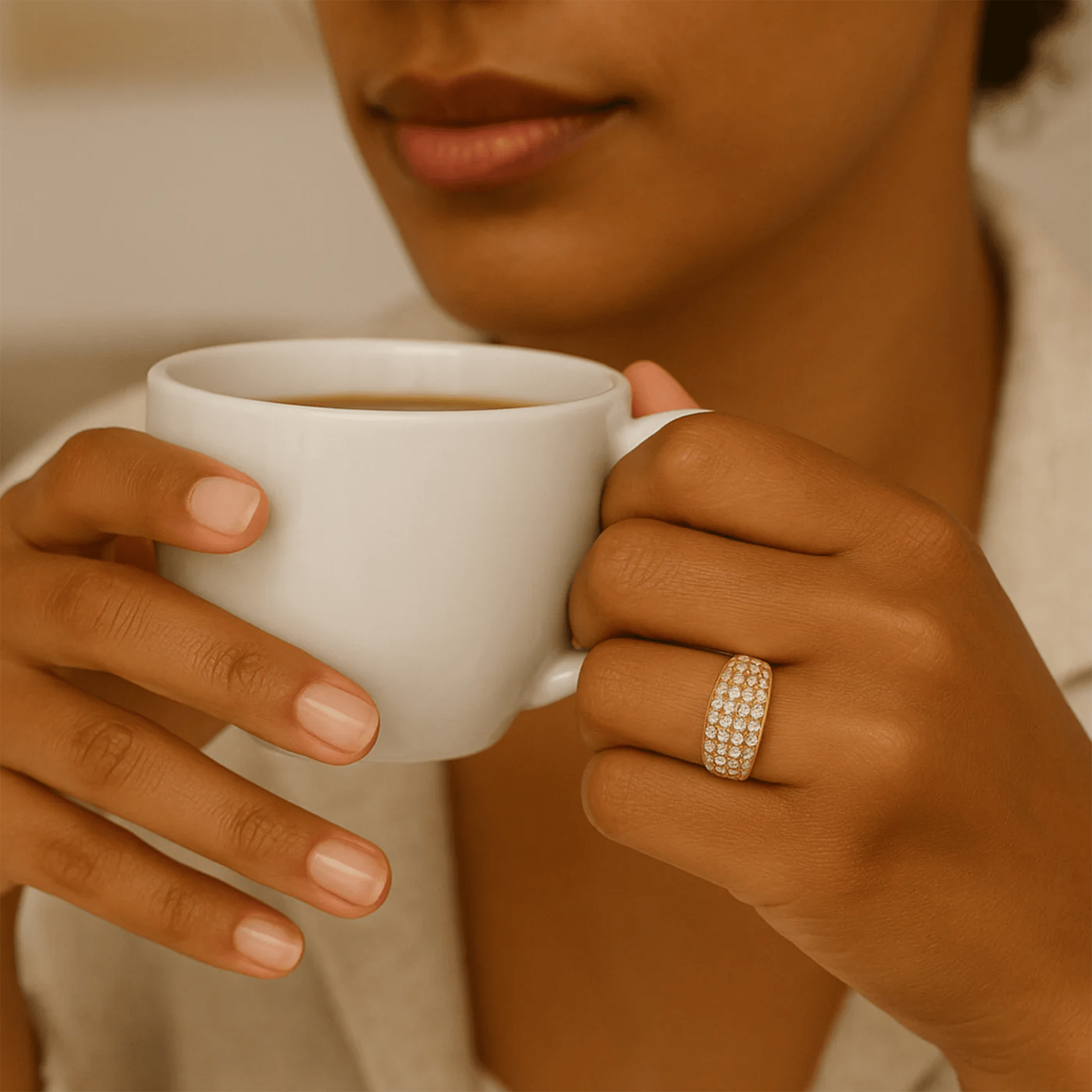 Woman wearing the Veloura pavé zircon ring while holding a coffee cup, everyday lifestyle shot